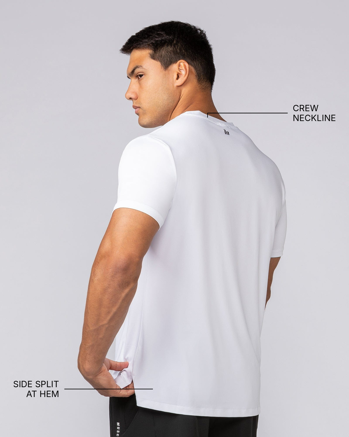 Climaflex Active Tee - White - Muscle Nation feature callouts: crew neckline, side split at hem