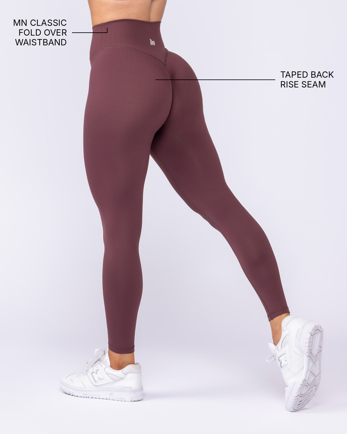 Evolve Signature Ankle Length Leggings - Rocky Road - Muscle Nation feature callouts: MN classic fold over waistband, taped back rise seam