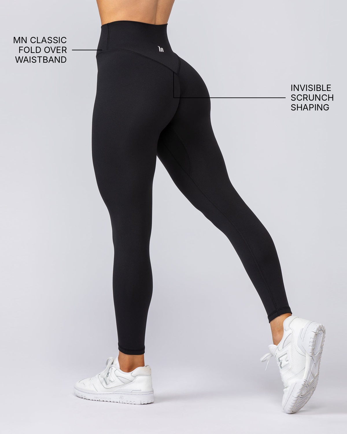 Liberty High Rise Ankle Length Leggings - Black - Muscle Nation feature callouts: MN classic fold over waistband, invisible scrunch shaping