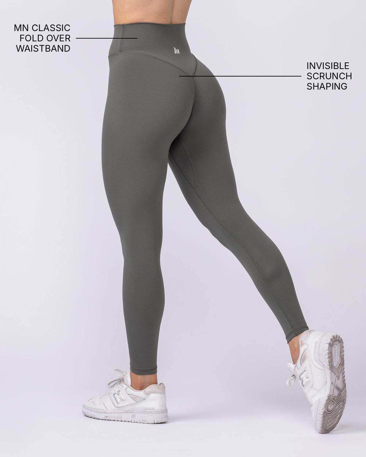 Liberty High Rise Ankle Length Leggings - Eucalyptus - Muscle Nation feature callouts: MN classic fold over waistband, invisible scrunch shaping