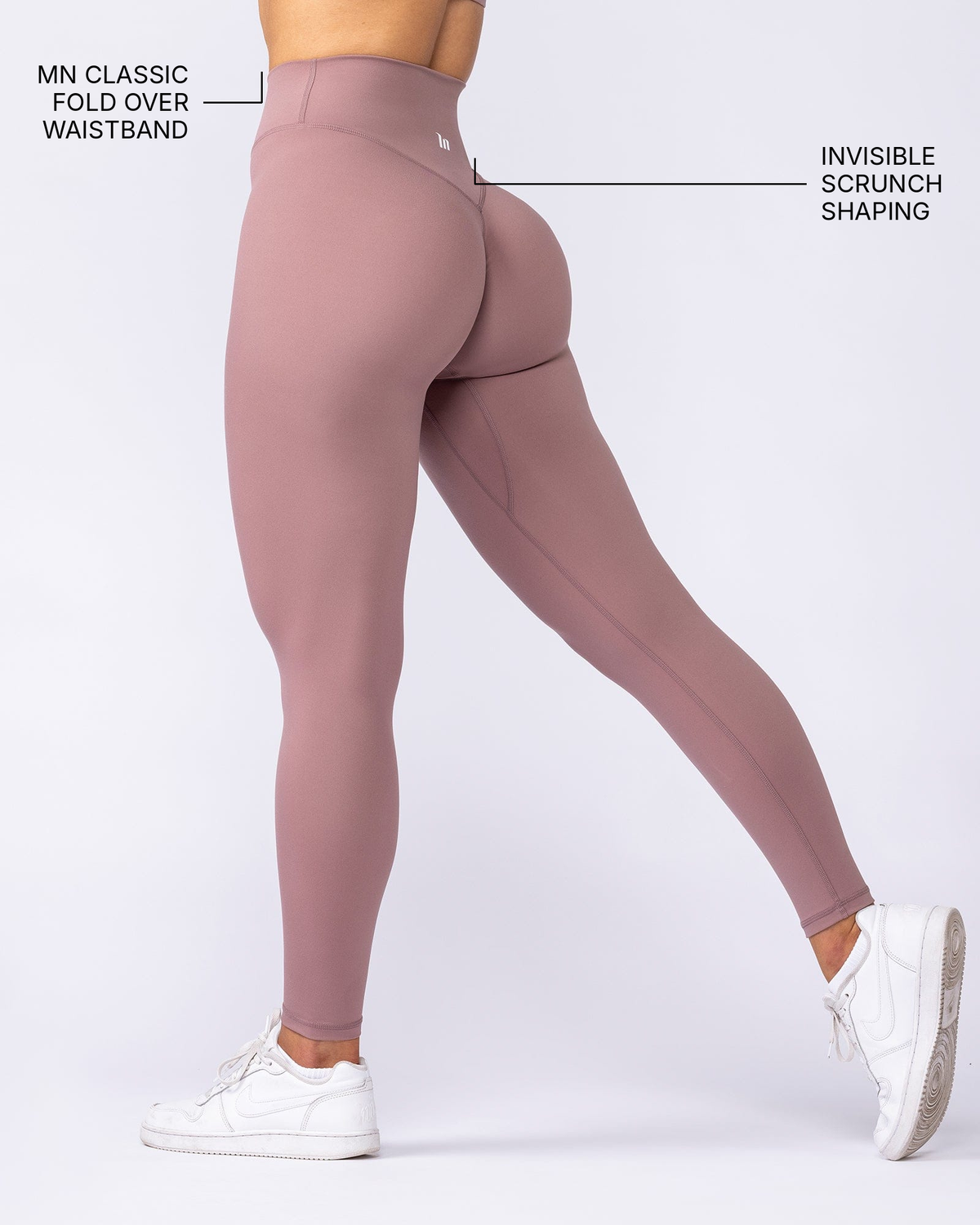 Liberty High Rise Ankle Length Leggings - Mocha Berry - Muscle Nation feature callouts: MN classic fold over waistband, invisible scrunch shaping
