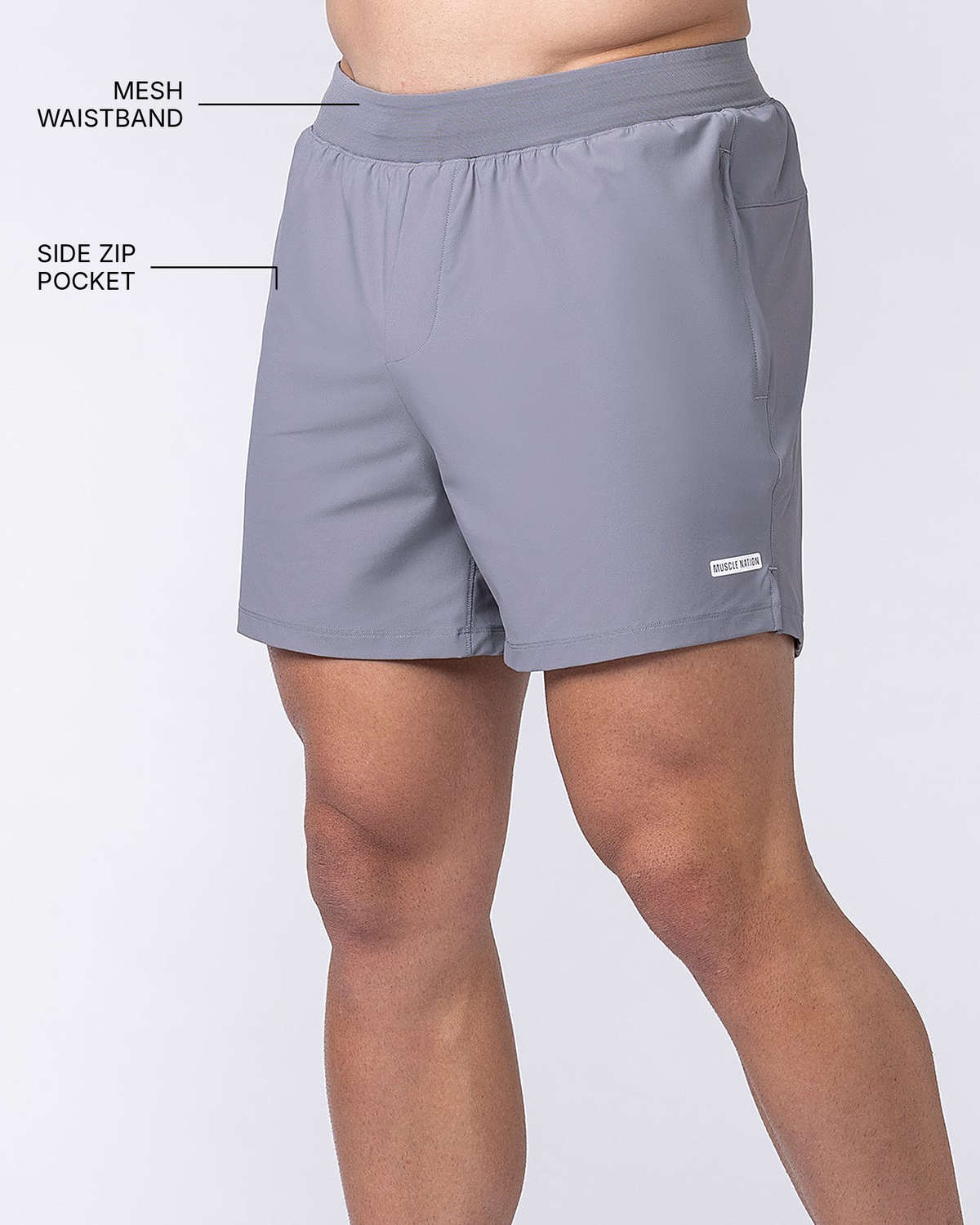 On Repeat Training 5" Shorts - Cement - Muscle Nation feature callouts: mesh waistband, side zip pocket