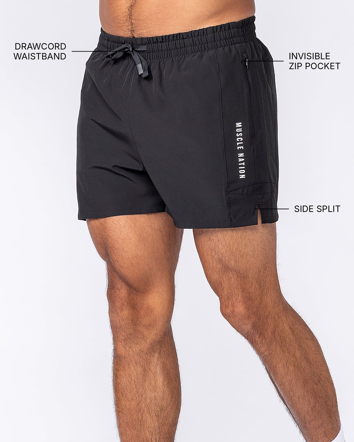 Streamline Training 3" Shorts - Black - Muscle Nation feature callouts: drawcord waistband, invisible zip pocket, side split