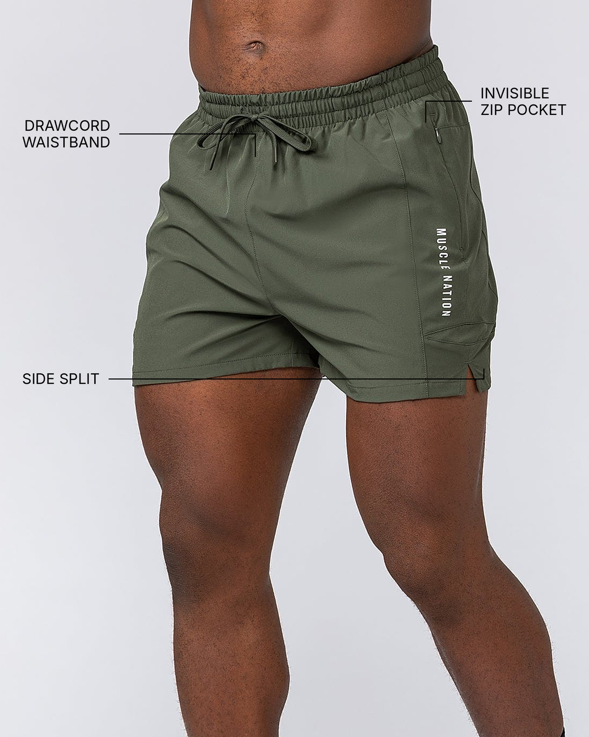 Streamline Training 3" Shorts - Dark Khaki - Muscle Nation feature callouts: drawcord waistband, invisible zip pocket, side split