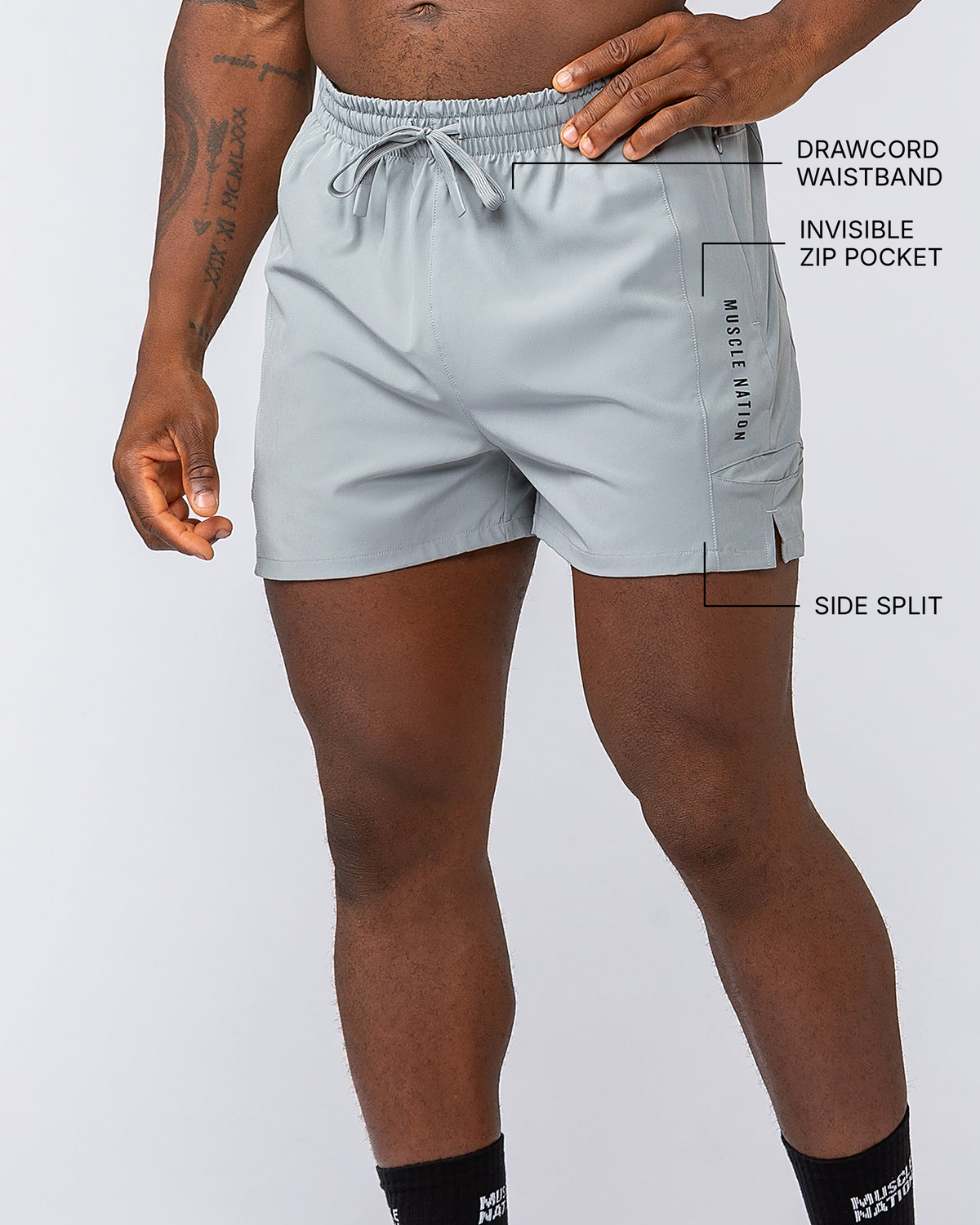 Streamline Training 3" Shorts - Jet Grey - Muscle Nation feature callouts: drawcord waistband, invisible zip pocket, side split