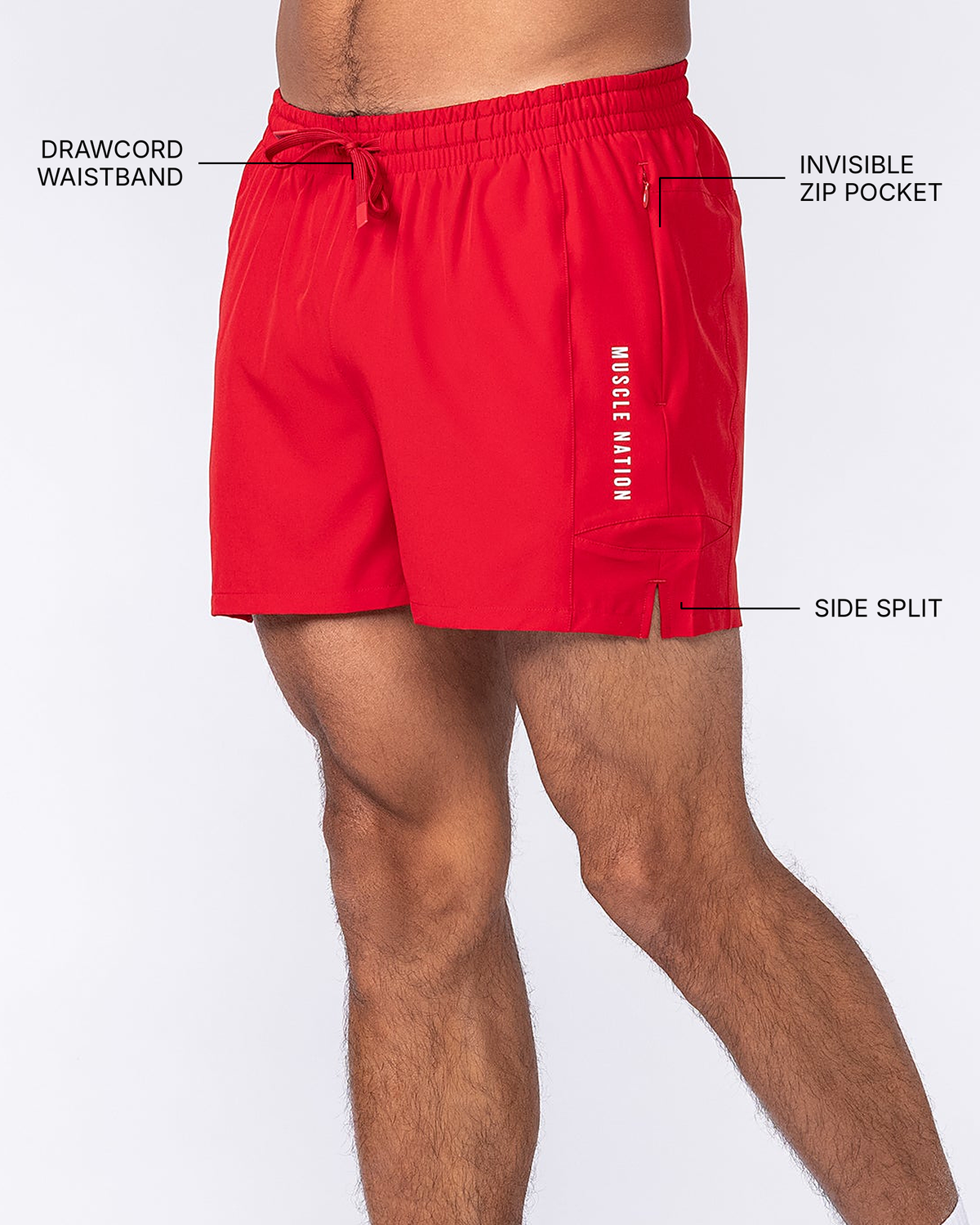 Streamline Training 3" Shorts - Pump Red - Muscle Nation feature callouts: drawcord waistband, invisible zip pocket, side split