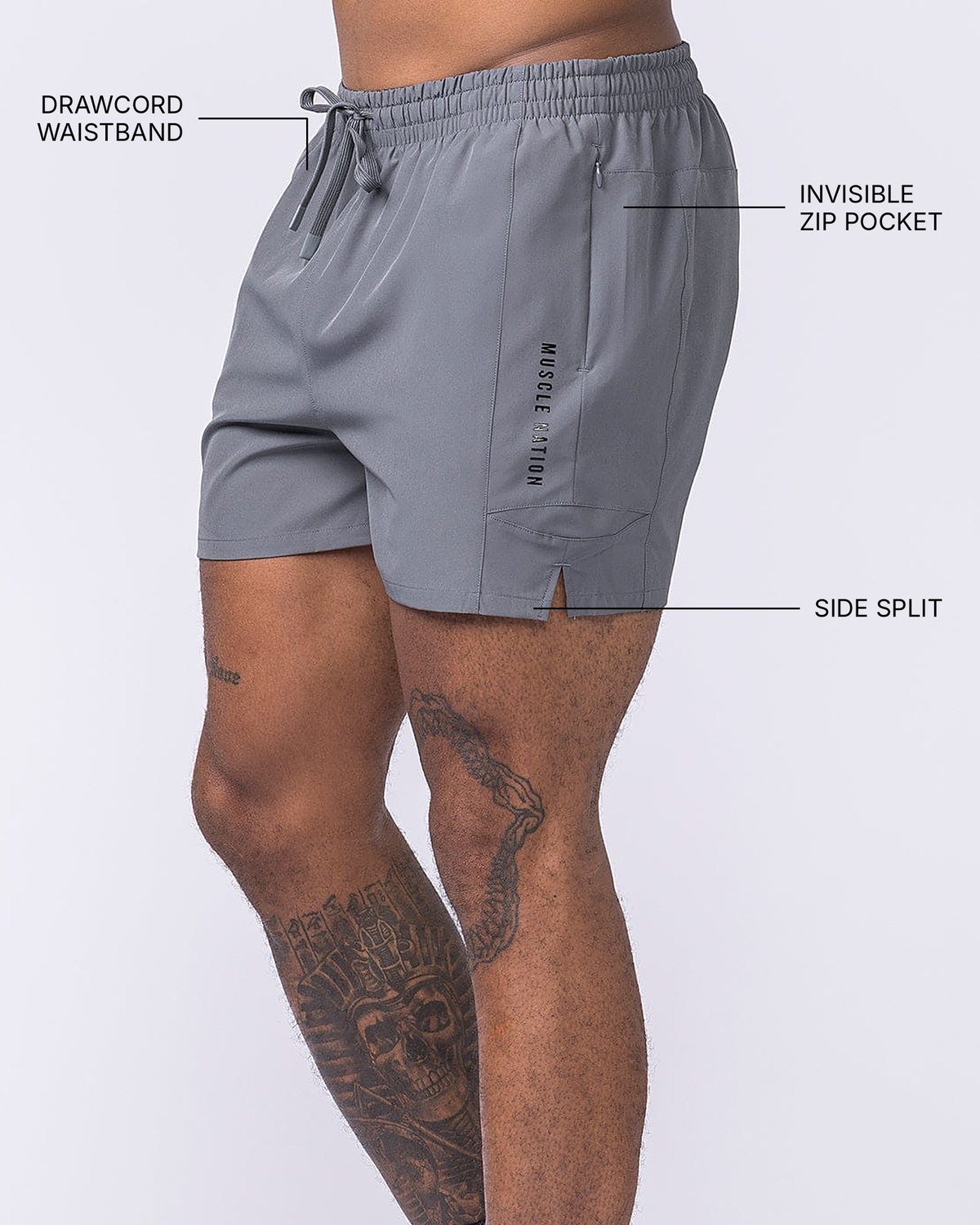 Streamline Training 3" Shorts - Tornado - Muscle Nation feature callouts: drawcord waistband, invisible zip pocket, side split