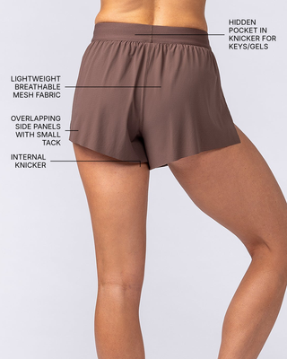 Tempo 3" Run Shorts - Chestnut - Muscle Nation feature callouts (back view): hidden pocket in knicker for keys/gels, overlapping side panels with small tack, lightweight breathable mesh fabric, internal knicker