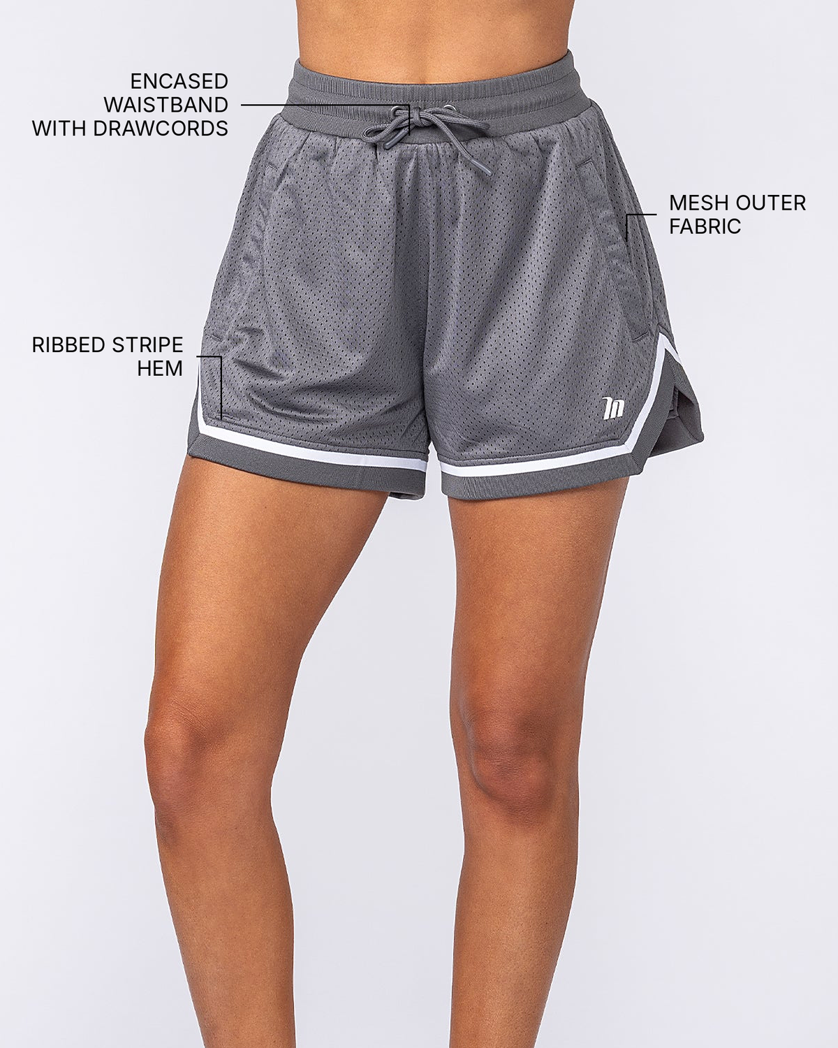 Womens 3" Basketball Shorts - Shadow Grey - Muscle Nation feature callouts: encased waistband with drawcords, ribbed stripe hem, mesh outer fabric