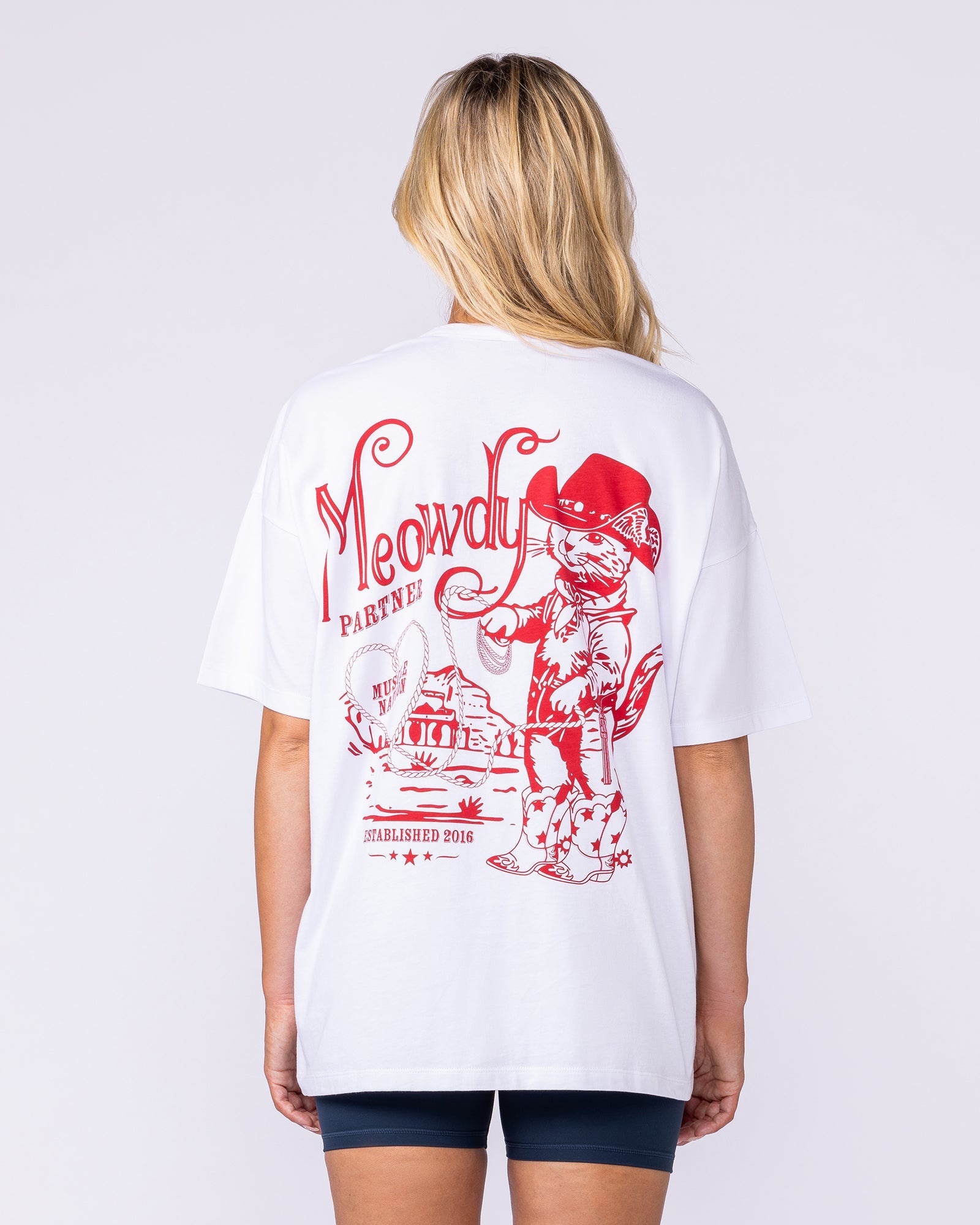 Meowdy Partner Oversized Tee White | Women's Gym Tee | Muscle Nation