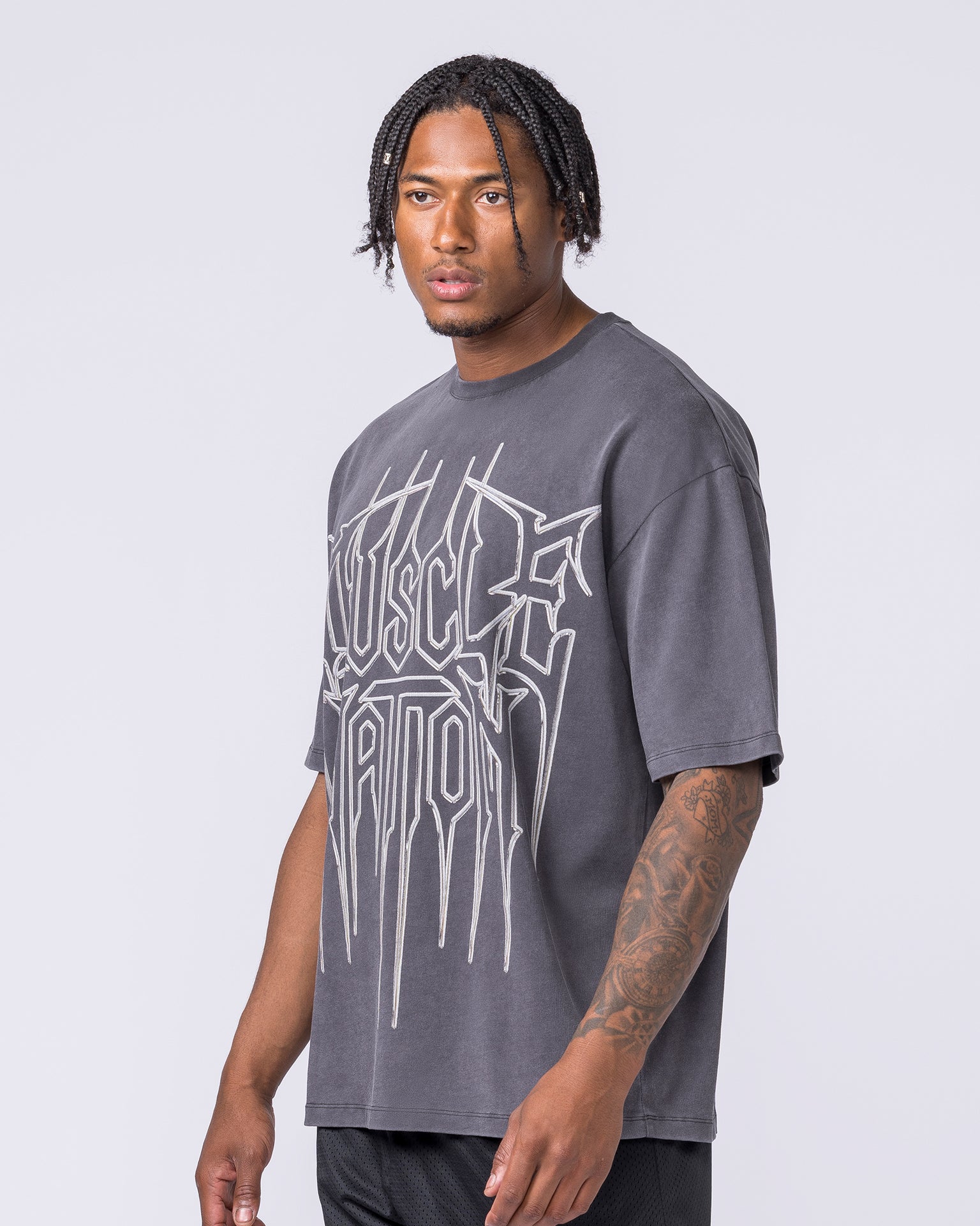 Metalcore Oversized Vintage Tee in Washed Dark Tornado - Muscle Nation men's gym tee, view 4