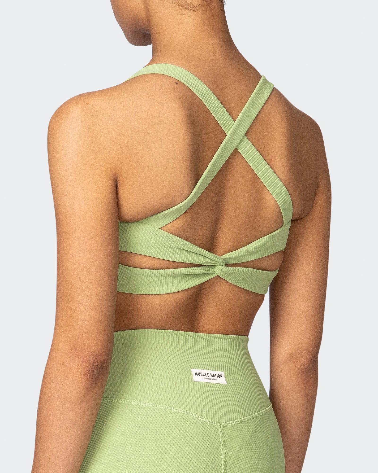 Twist Rib Bra - Matcha-Sports Bras-XS-042303MTCHA-XS-MNAPPRL23297-5-Muscle Nation