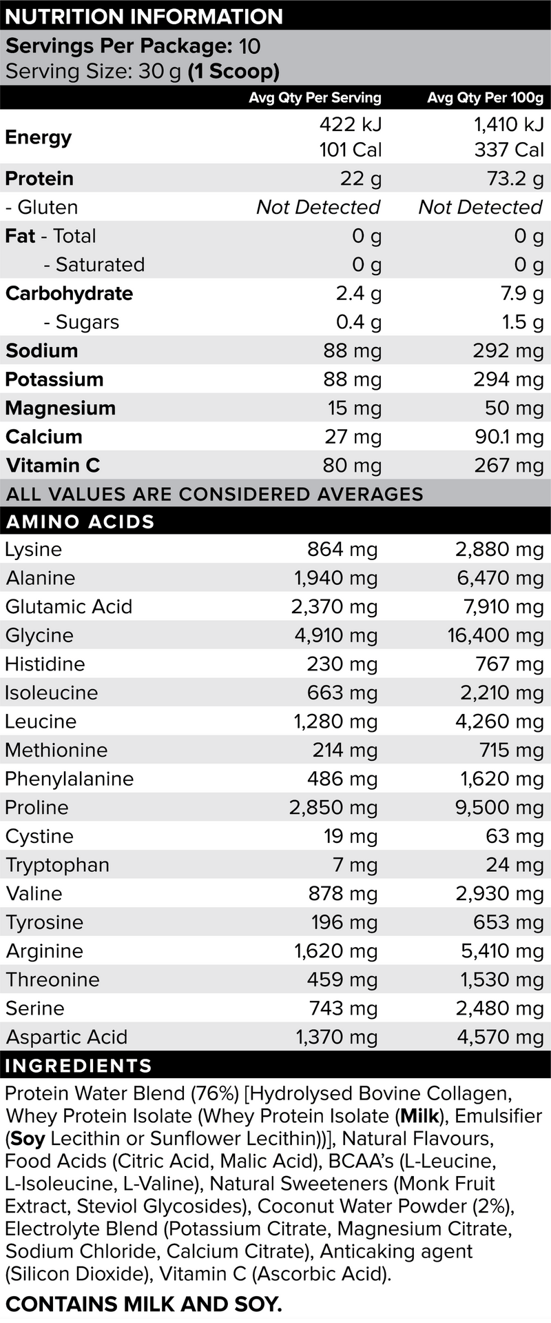 PROTEIN WATER Coconut Pineapple 300g nutrition information panel