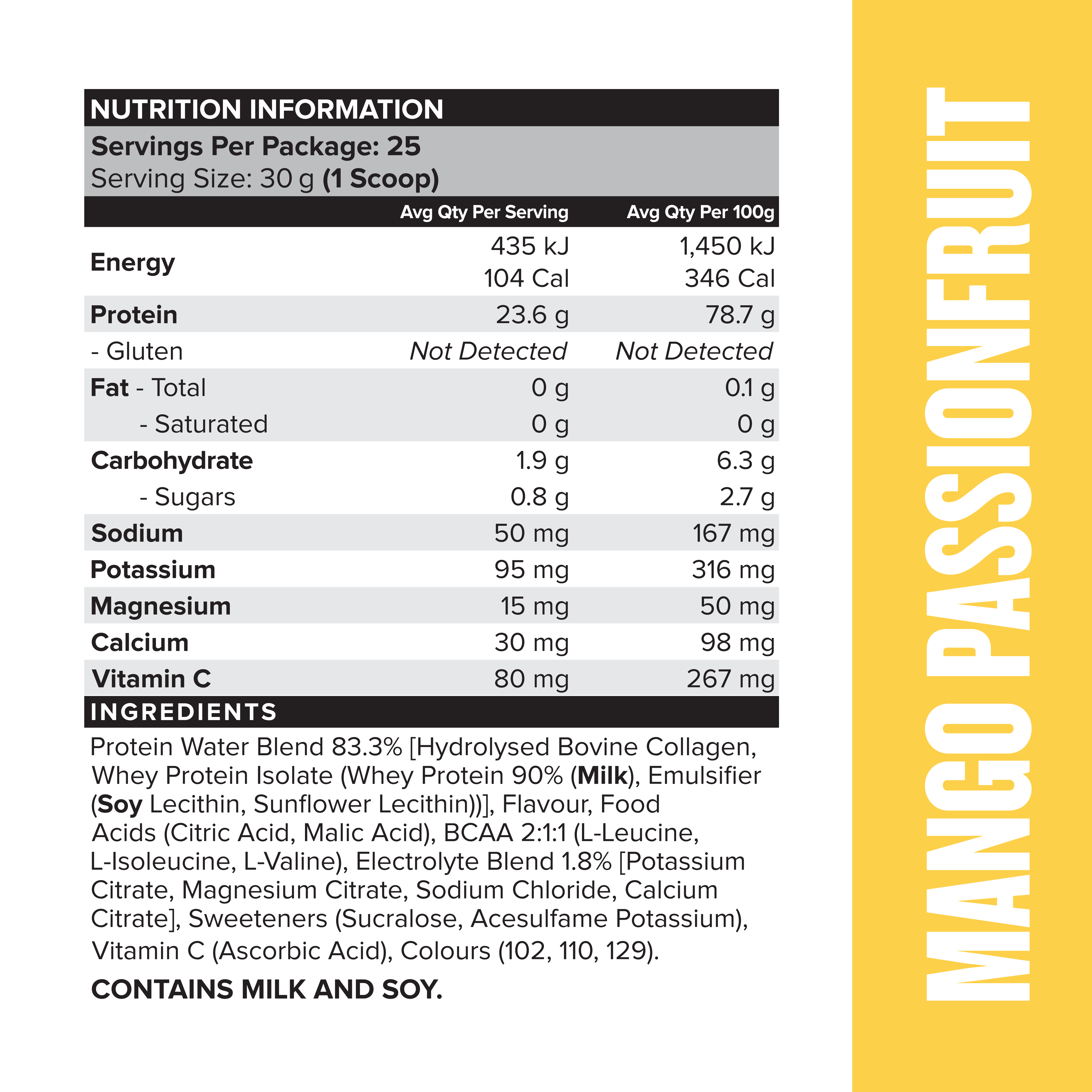 PROTEIN WATER - Mango Passionfruit - 25 serves - 750g-Protein Waters-MNSUPPS0211-9359054001213-3-Muscle Nation