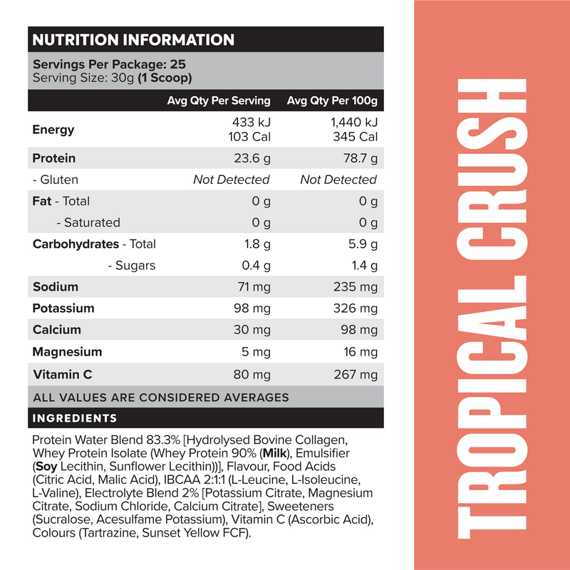 PROTEIN WATER - Tropical Crush - 25 serves 750g-Protein Waters-MNSUPPS0239-9359054001206-2-Muscle Nation
