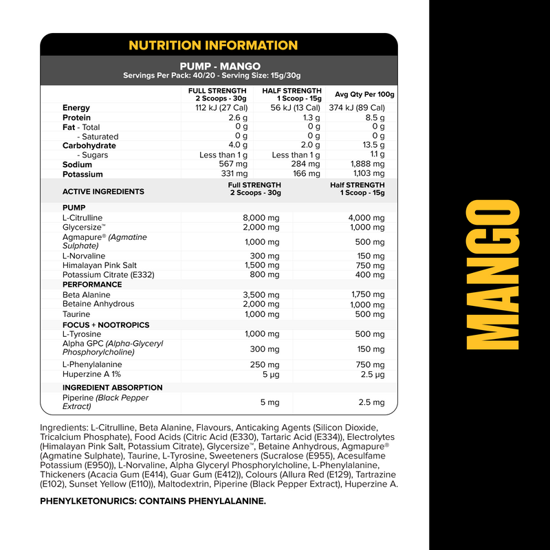 PUMP Pre-Workout Caffeine Free - Mango - 40 serves-Pre-Workouts-MNSUPPS0404-9359054003002-2-Muscle Nation