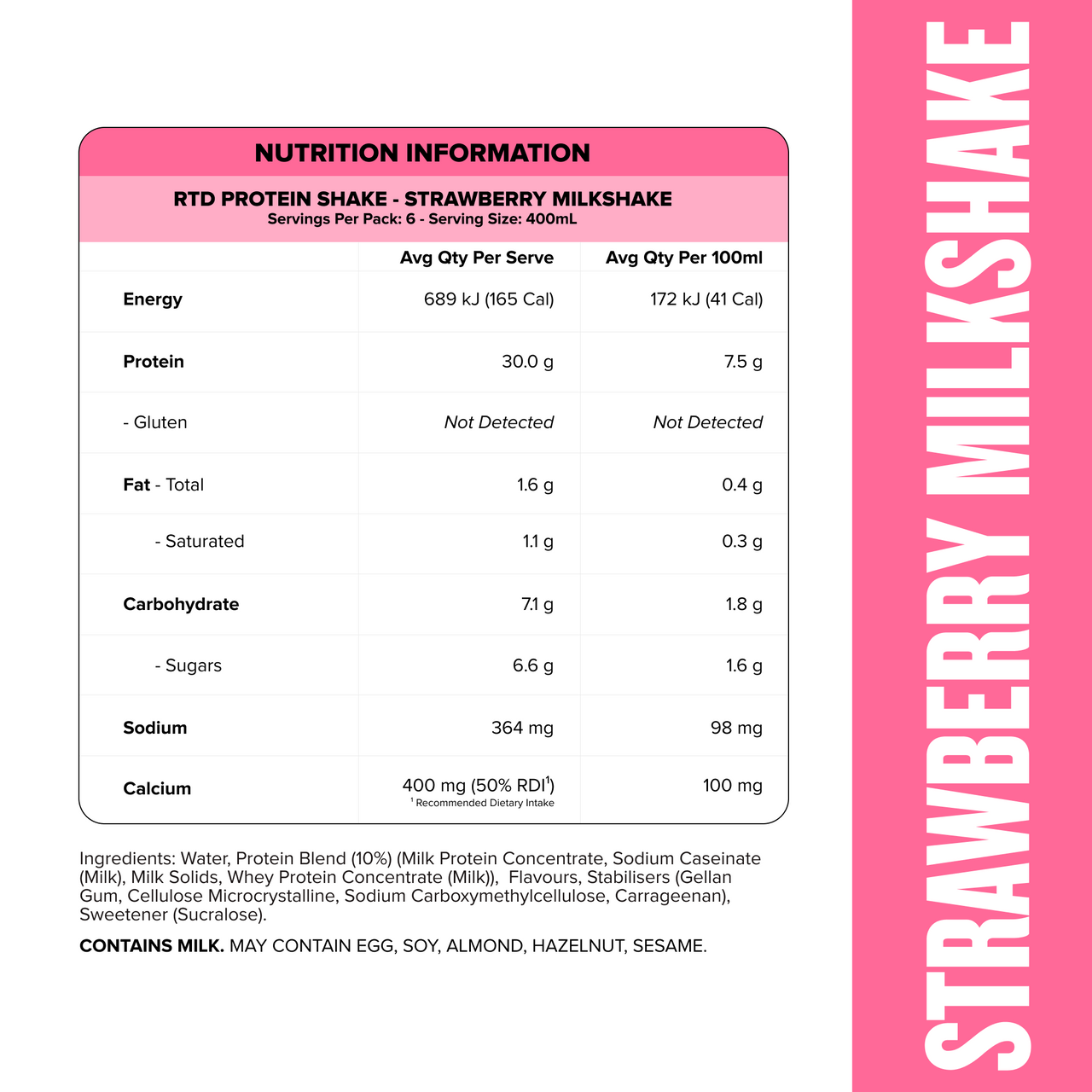 Protein Shake RTD - Strawberry Milkshake 400ml Bottle (6 Pack)-Ready to Drink-MNSUPPS0364-19359054001784-2-Muscle Nation