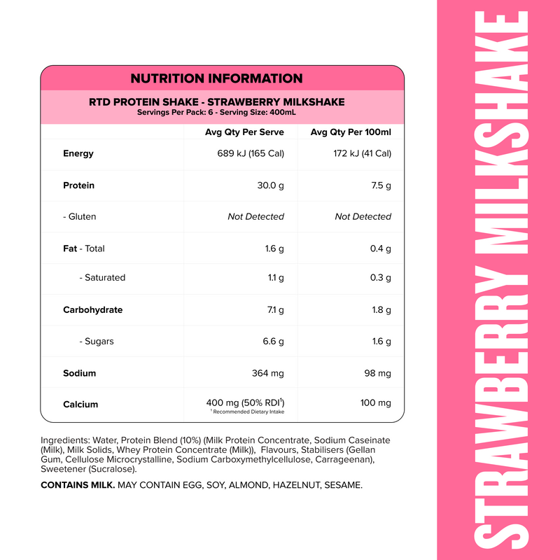 Protein Shake RTD - Strawberry Milkshake 400ml Bottle (6 Pack)-MNSUPPS0364-19359054001784-2-Muscle Nation