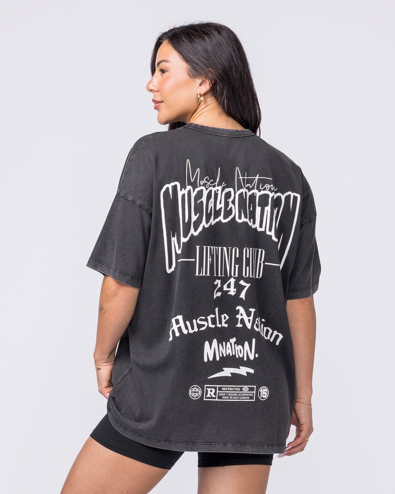 Rated R Oversized Vintage Tee Washed Black / White - Muscle Nation women's gym tee, view 3