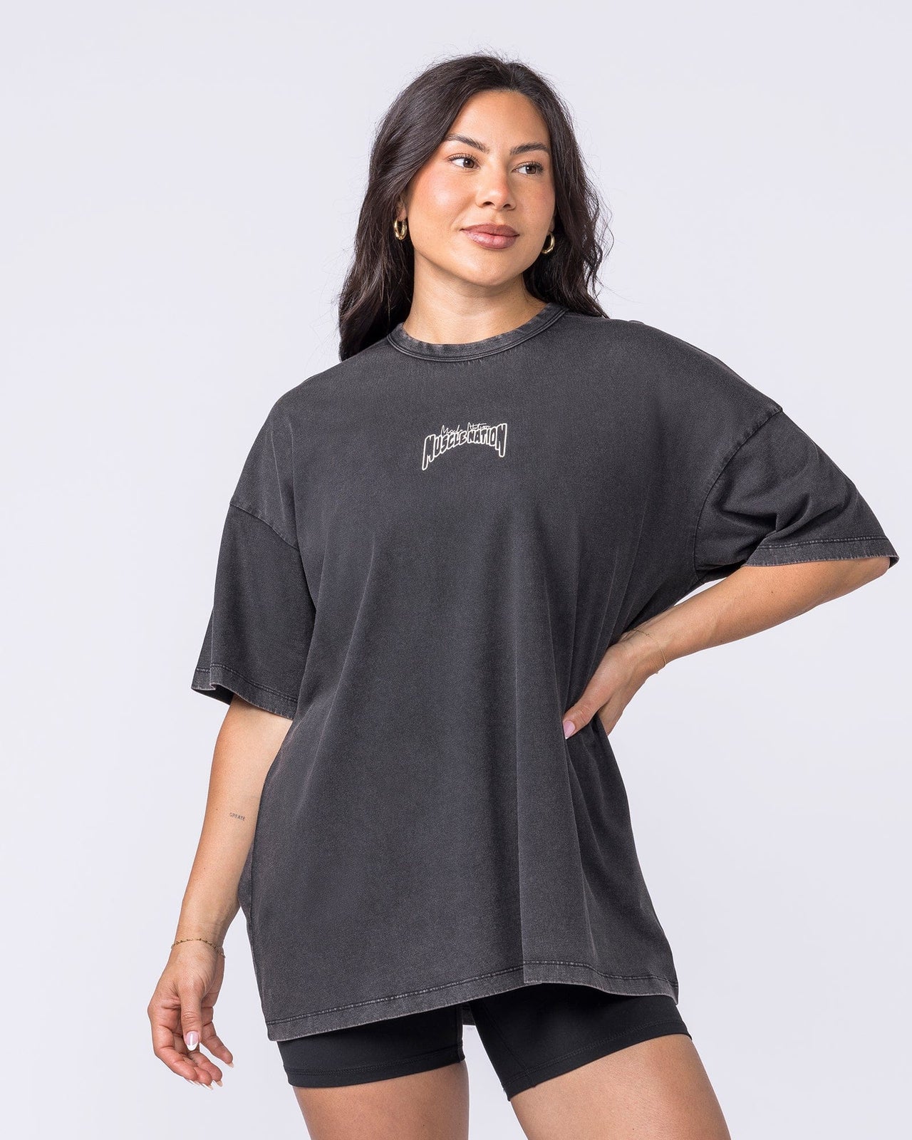 Rated R Oversized Vintage Tee Washed Black / White - Muscle Nation women's gym tee, view 2