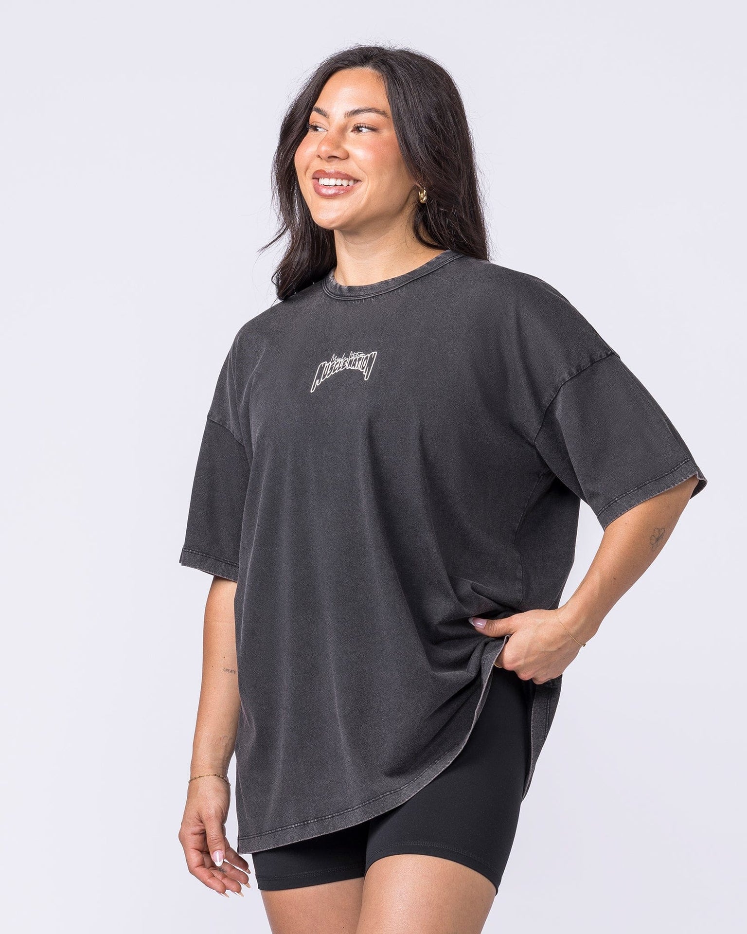 Rated R Oversized Vintage Tee Washed Black / White - Muscle Nation women's gym tee, view 4