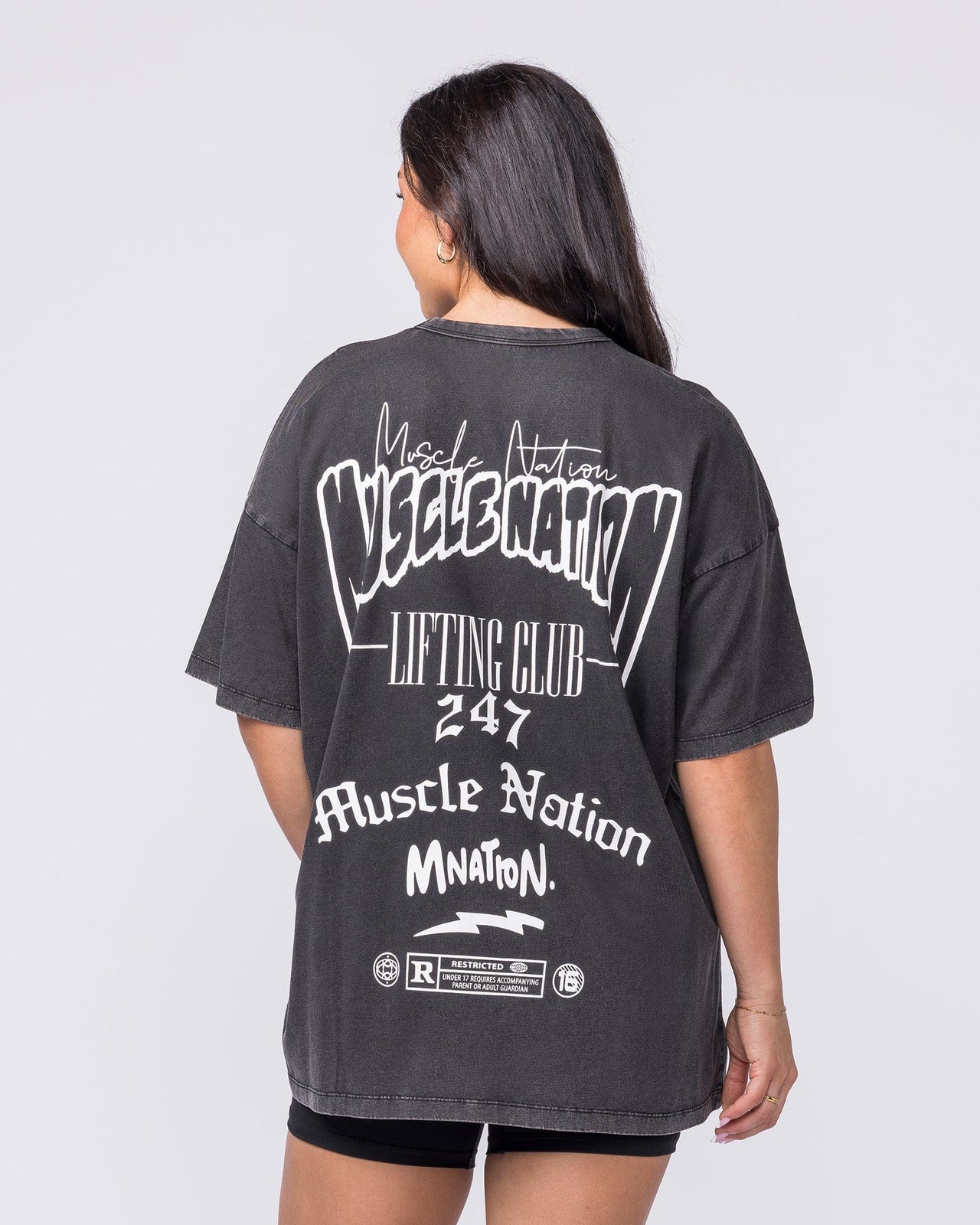 Rated R Oversized Vintage Tee Washed Black / White - Muscle Nation women's gym tee, view 5
