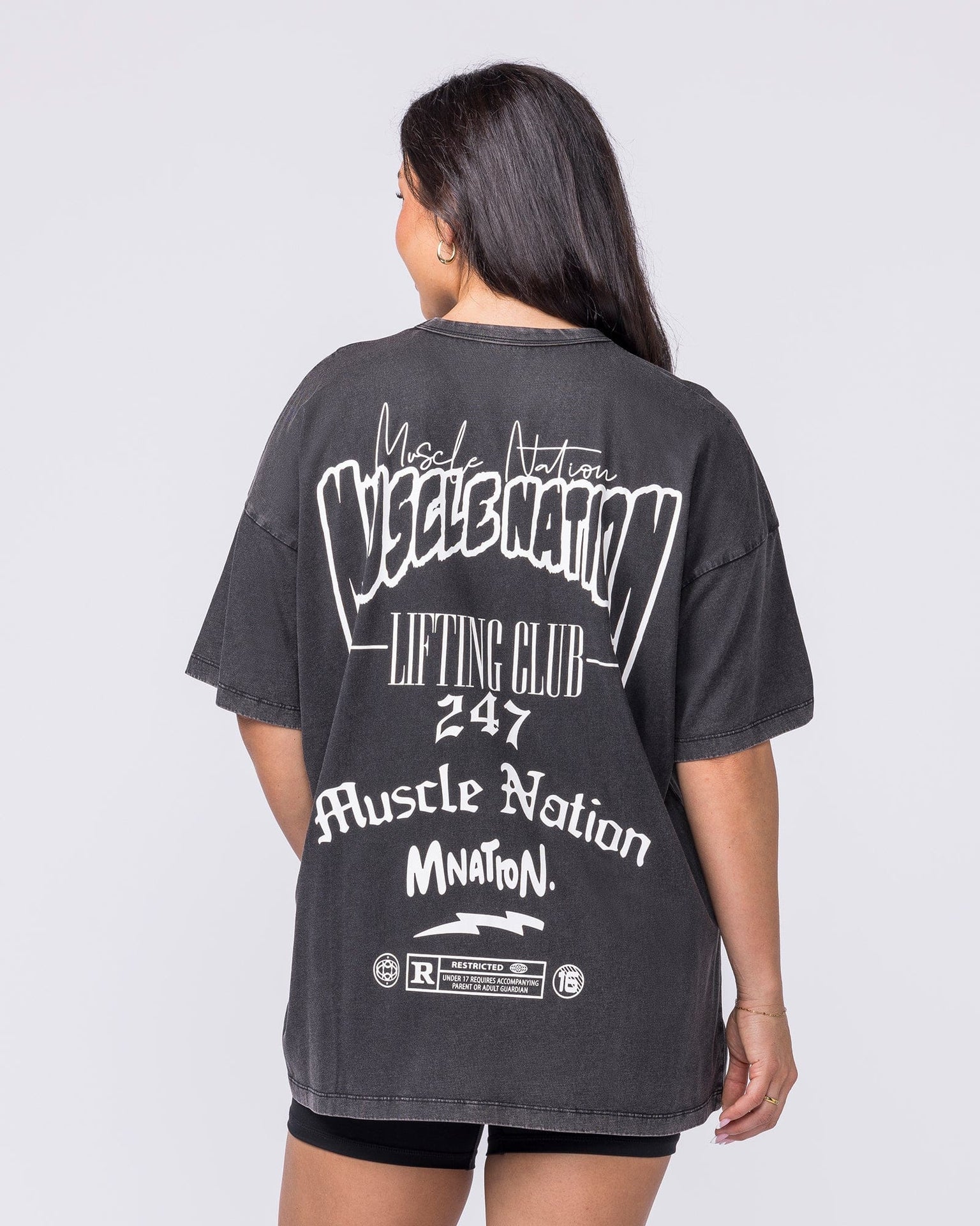 Rated R Oversized Vintage Tee Washed Black / White - Muscle Nation women's gym tee, view 5