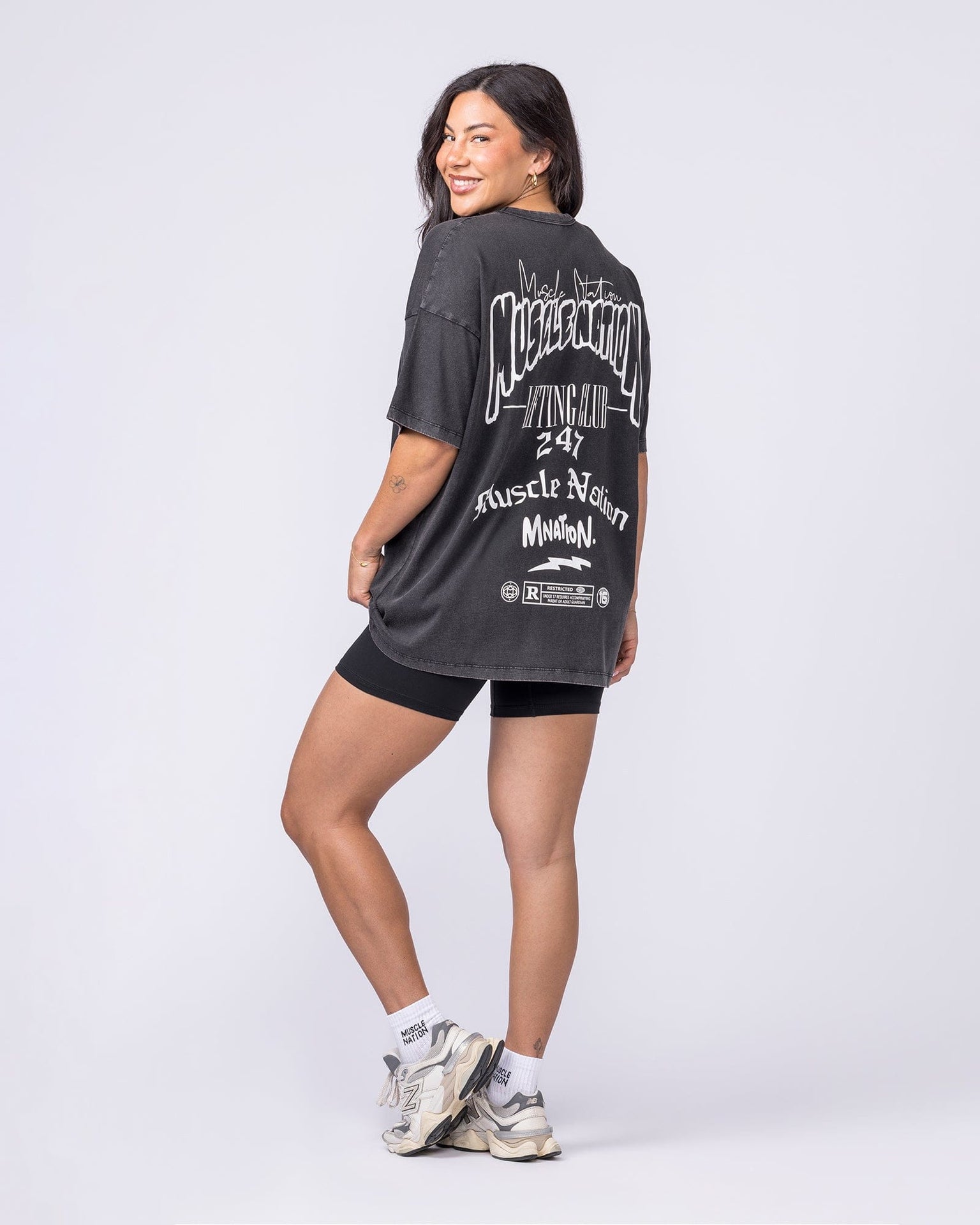 Rated R Oversized Vintage Tee Washed Black / White - Muscle Nation women's gym tee, view 6
