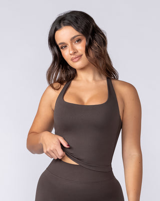 Sculpt Seamless Halter Bra Tank Cocoa - Muscle Nation women's tank top, view 2