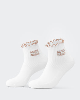 Ruffle Quarter Crew Socks White / Stone - Muscle Nation gym socks