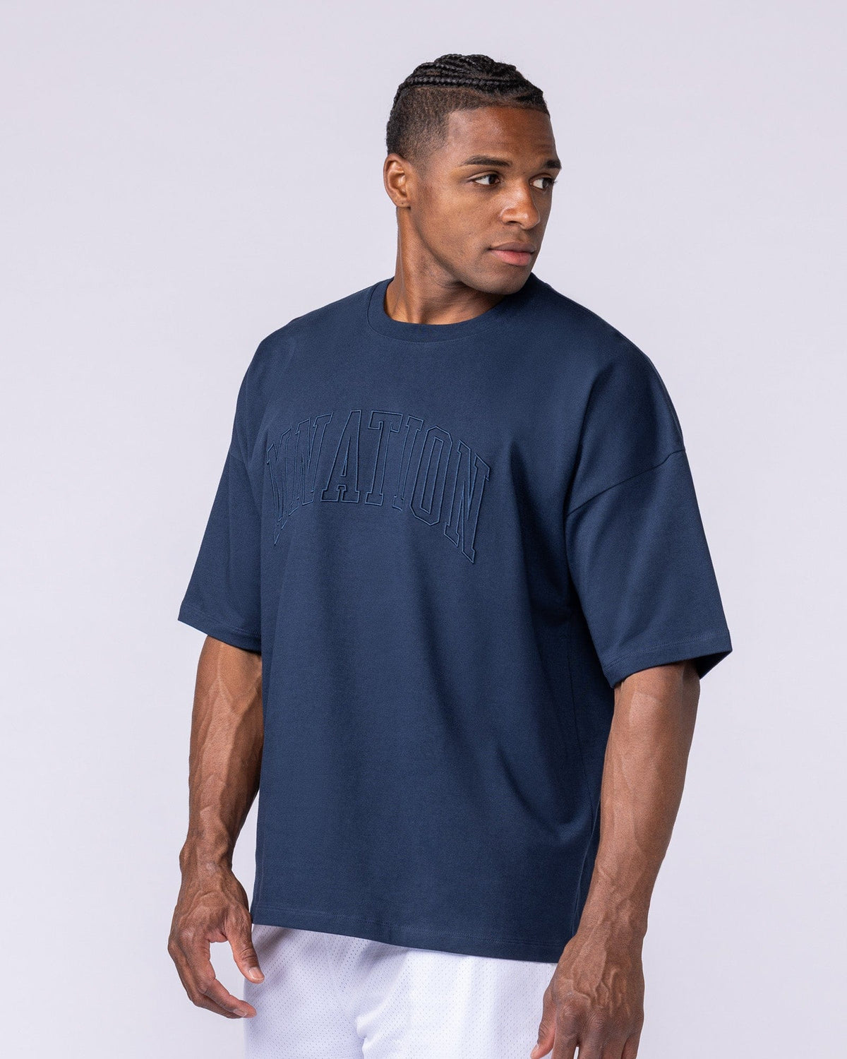 Varsity Oversized Boxy Tee in Navy - Muscle Nation, view 4