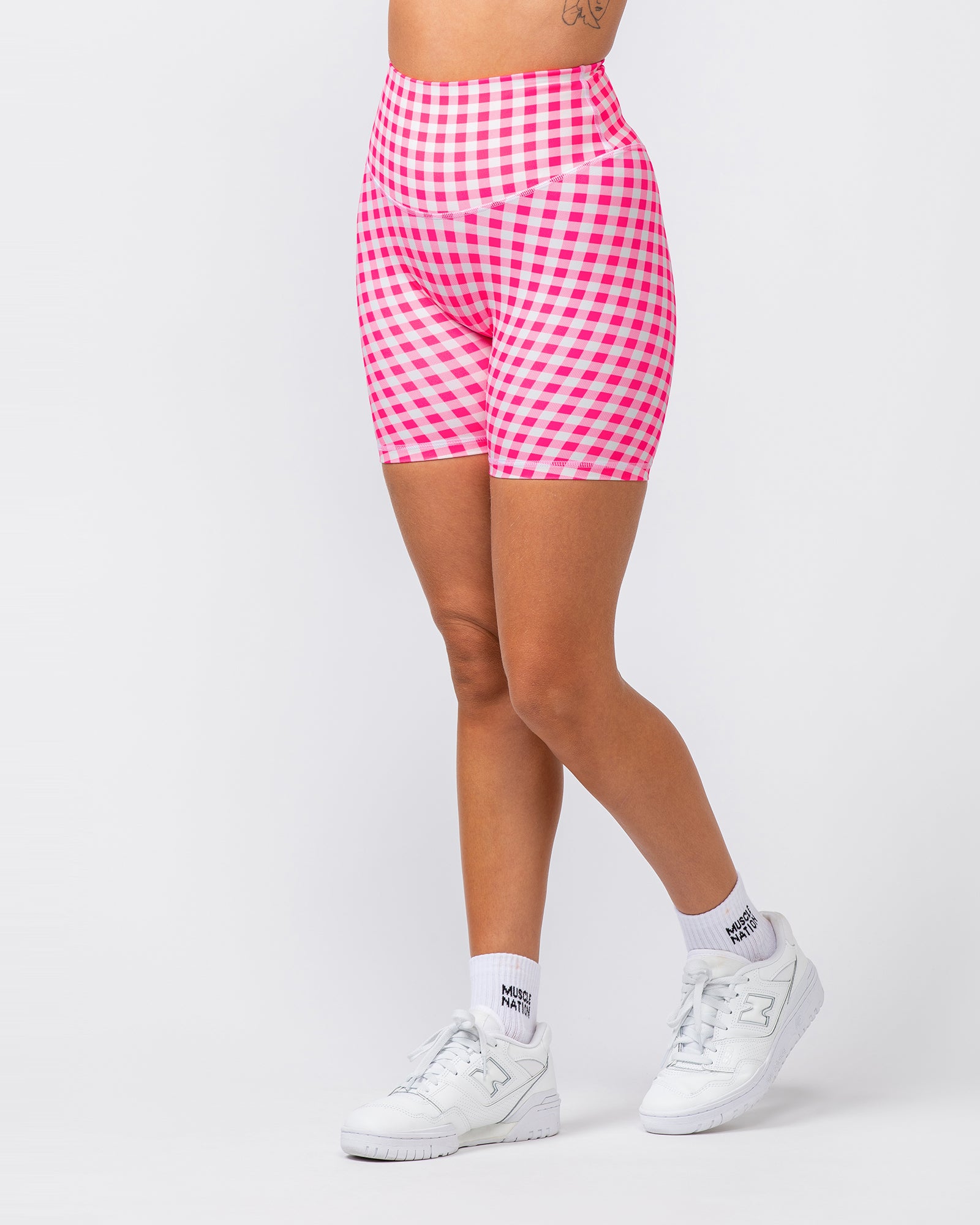 Ultra Aura Bike Shorts - Neon Pink Gingham Print-Shorts-XXS-062407NPGMP-XXS-MNAPPRL31414-4-Muscle Nation