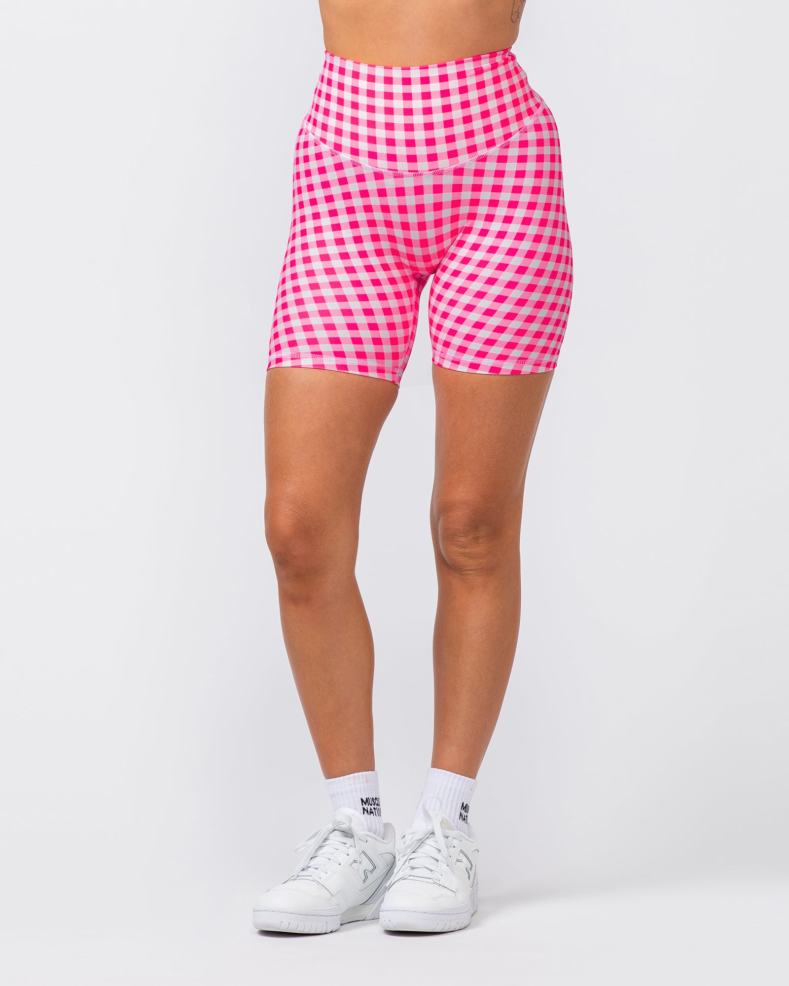 Ultra Aura Bike Shorts - Neon Pink Gingham Print-Shorts-XXS-062407NPGMP-XXS-MNAPPRL31414-3-Muscle Nation