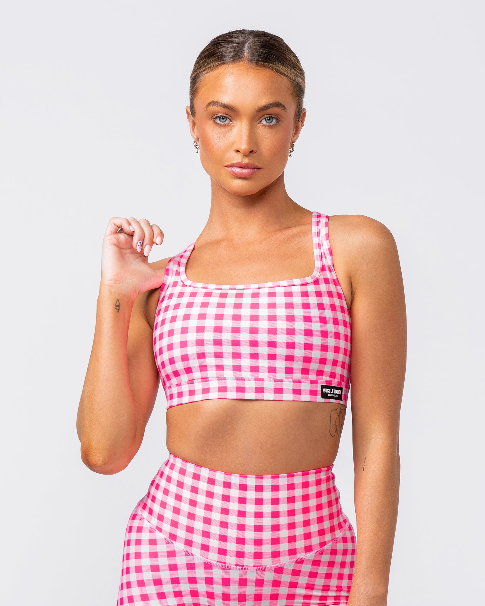 Desire Aura Bra - Neon Pink Gingham Print-Sports Bras-XXS-062408NPGMP-XXS-MNAPPRL31450-2-Muscle Nation