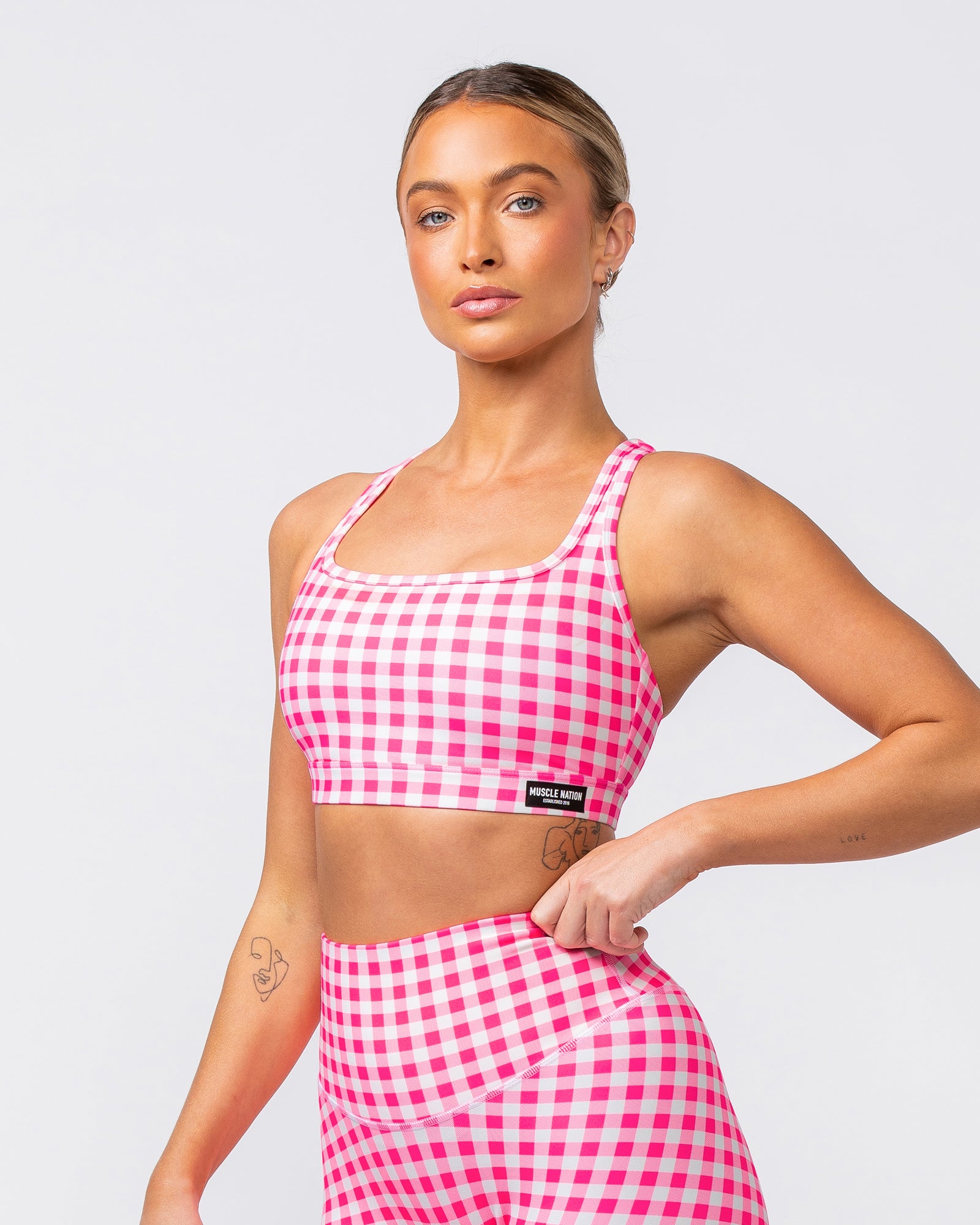 Desire Aura Bra - Neon Pink Gingham Print-Sports Bras-XXS-062408NPGMP-XXS-MNAPPRL31450-4-Muscle Nation