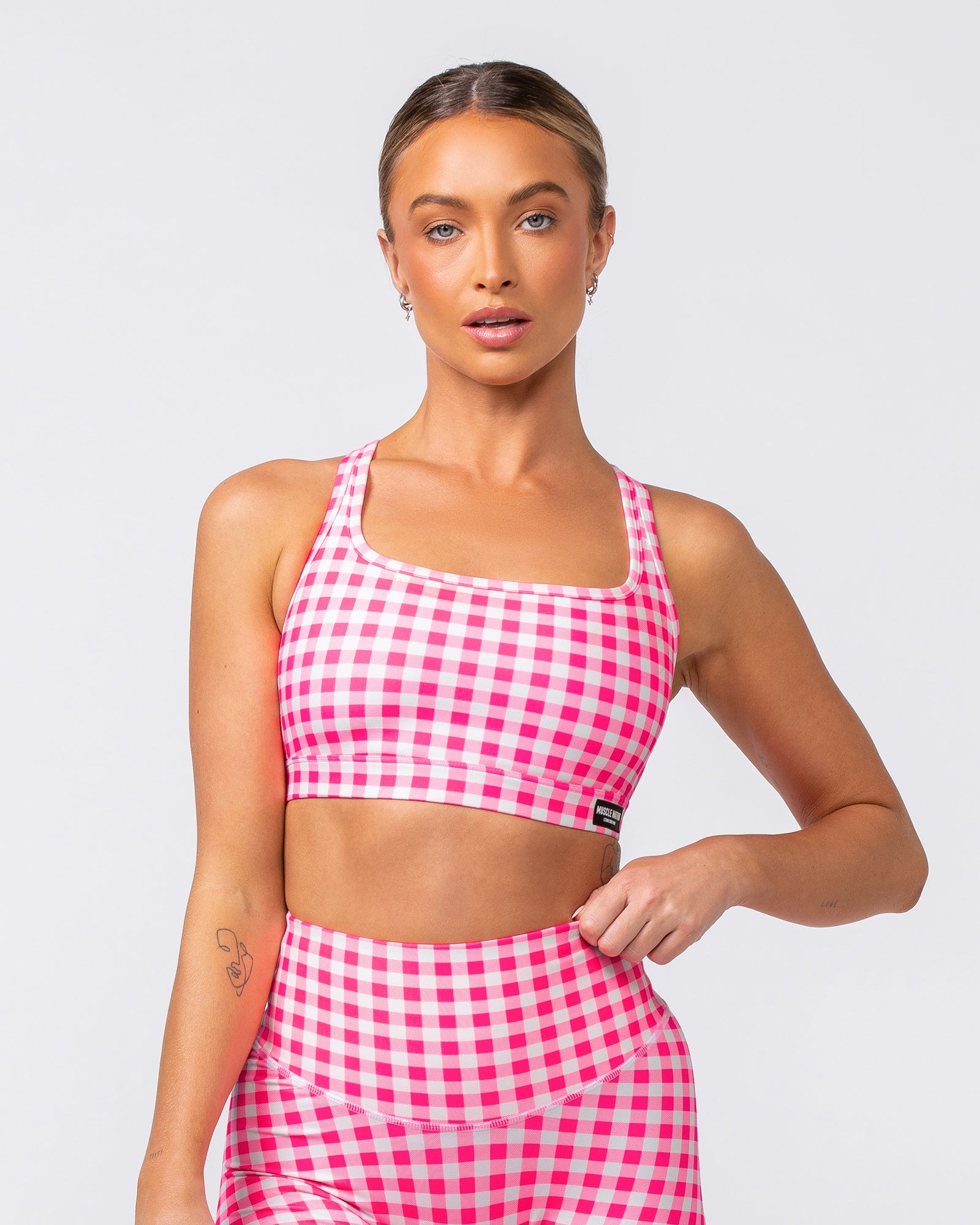 Desire Aura Bra - Neon Pink Gingham Print-Sports Bras-XXS-062408NPGMP-XXS-MNAPPRL31450-3-Muscle Nation