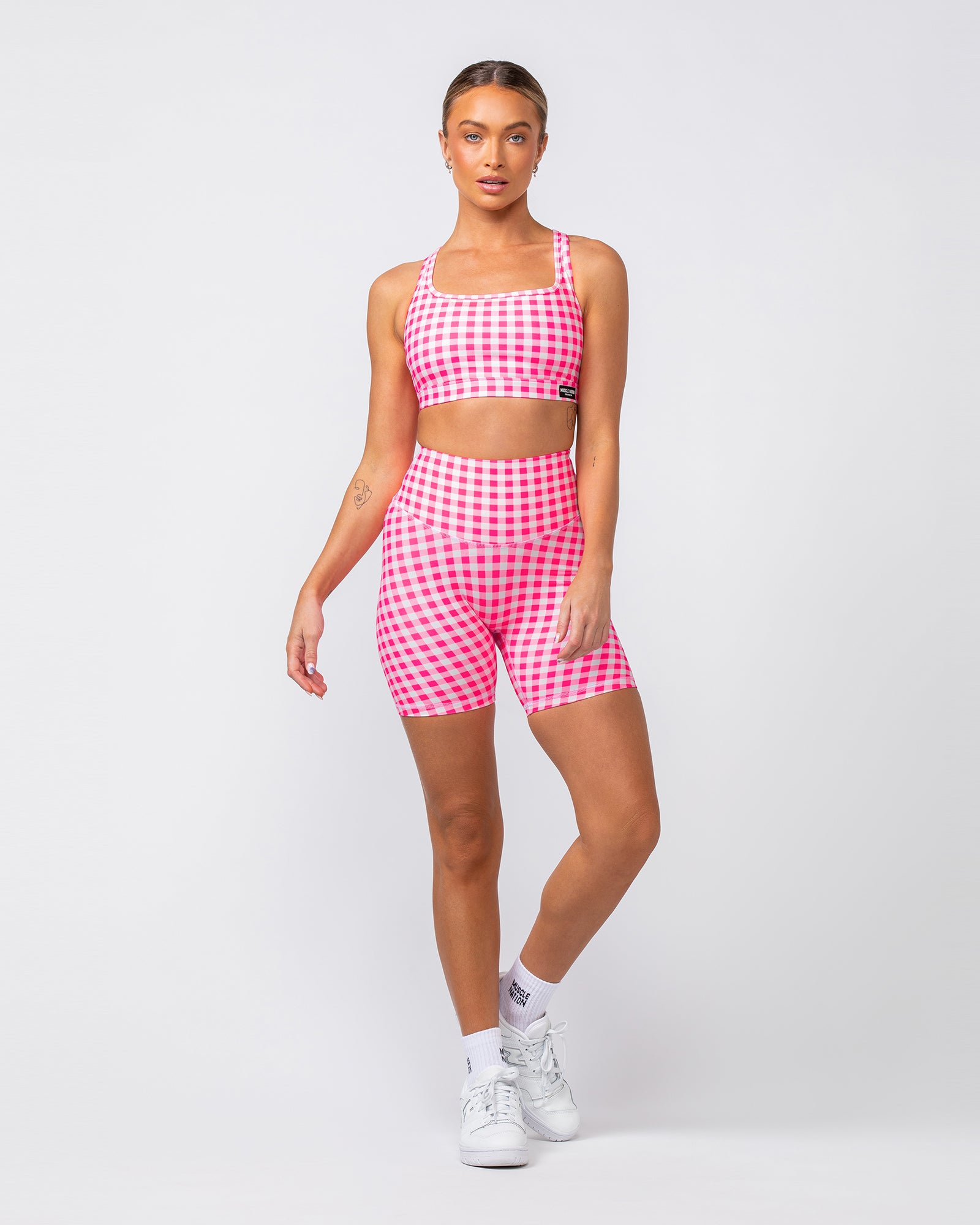 Ultra Aura Bike Shorts - Neon Pink Gingham Print-Shorts-XXS-062407NPGMP-XXS-MNAPPRL31414-9-Muscle Nation
