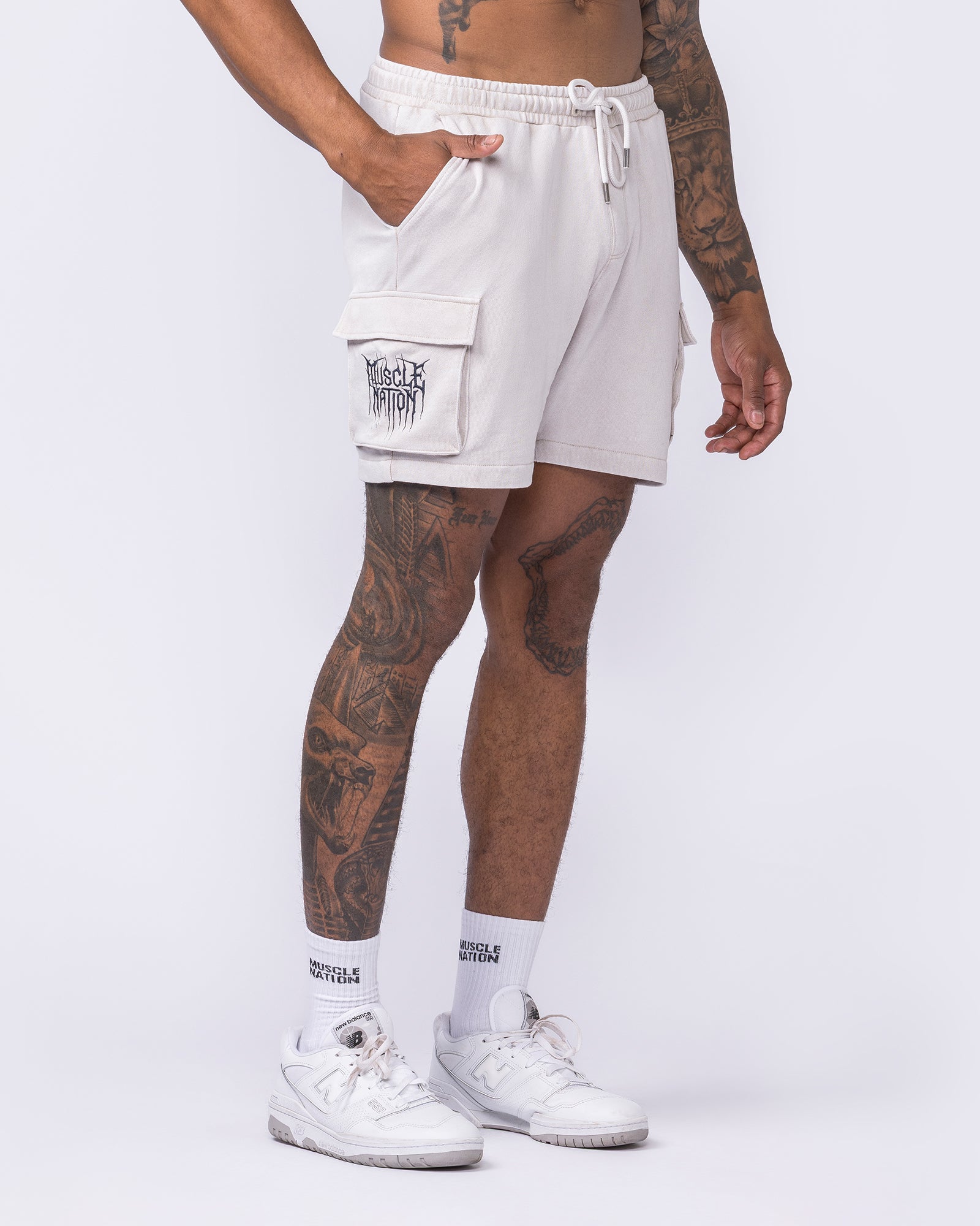 Weekender Vintage Cargo 5" Shorts Washed Cream - Muscle Nation men's cargo shorts