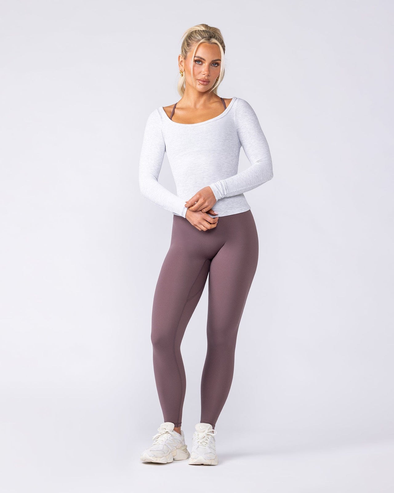 Balance Long Sleeve Rib Top - Light Grey Marl