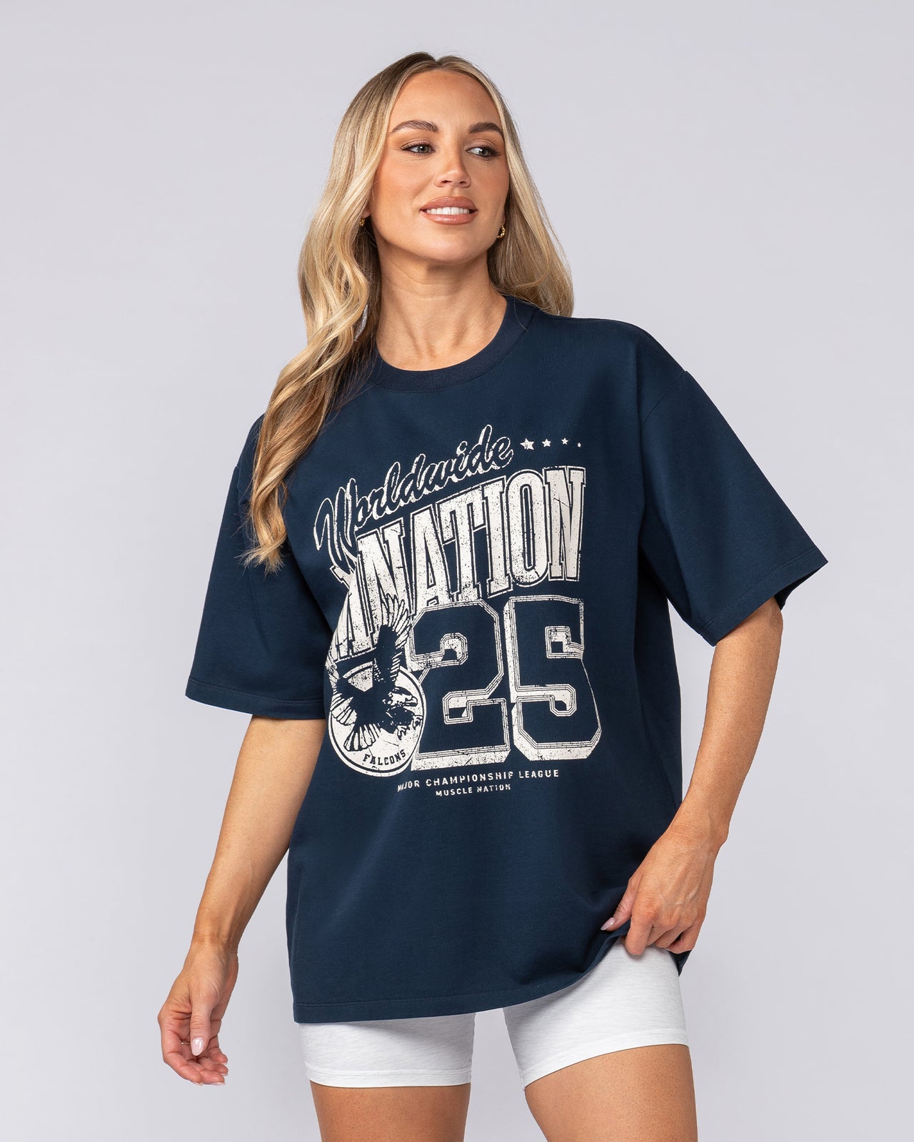 Falcon Regular Fit Tee Navy - Muscle Nation men's gym tee, view 6 | WOMENS-1