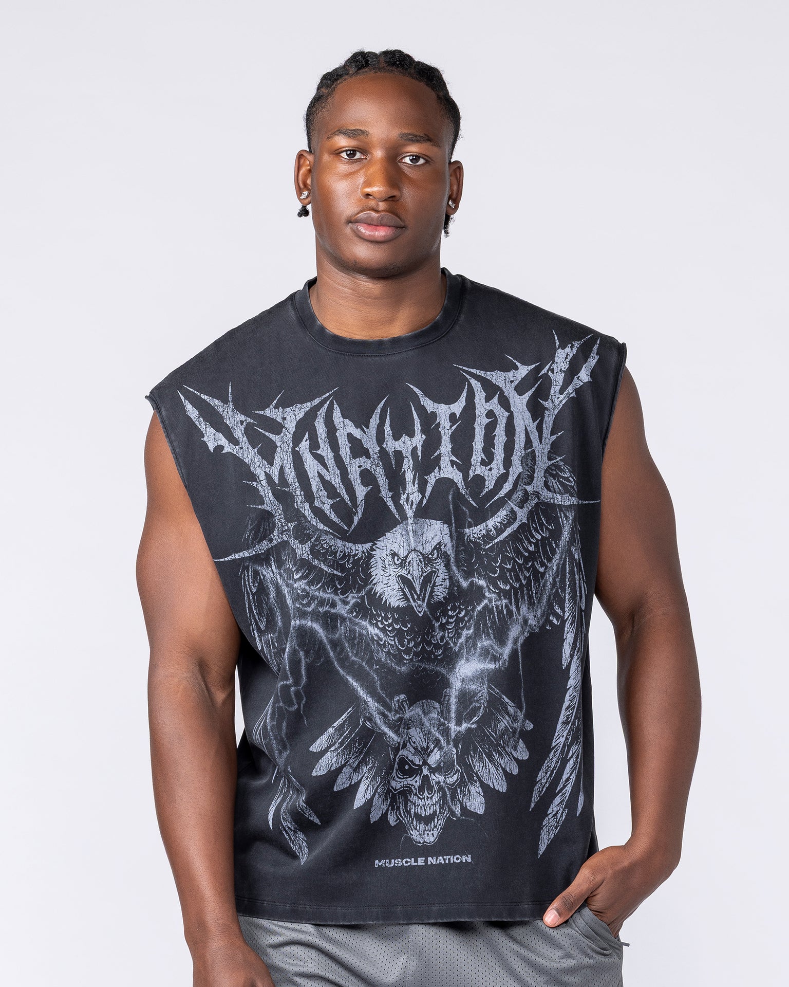 Gothic Eagle Boxy Muscle Tank - Washed Black