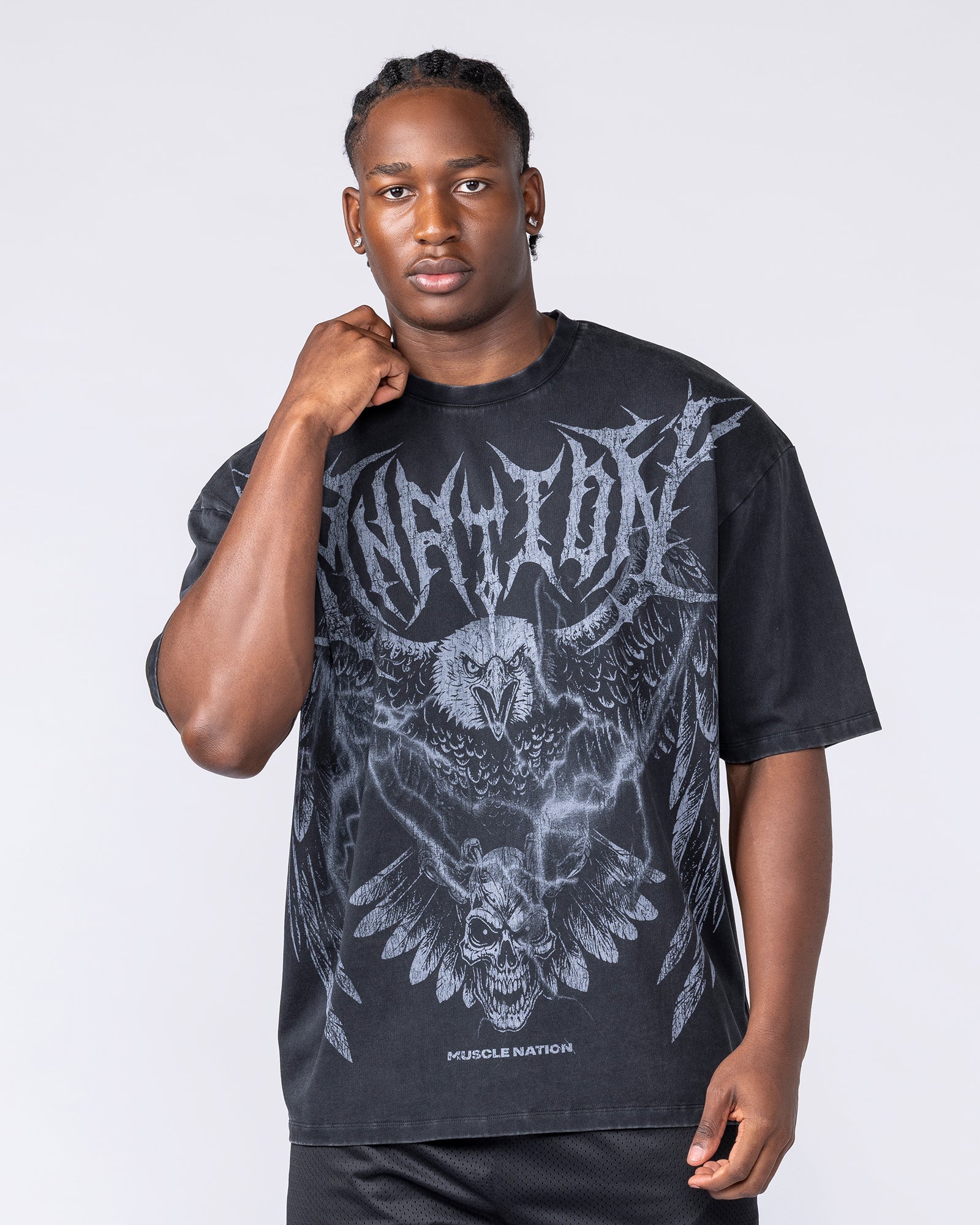 Gothic Eagle Oversized Tee - Washed Black