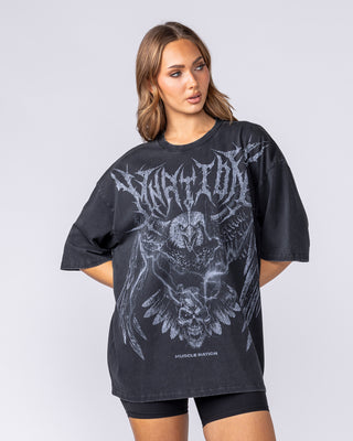 Gothic Eagle Oversized Tee in Washed Black - Muscle Nation men's gym tee, view 6 | WOMENS-1