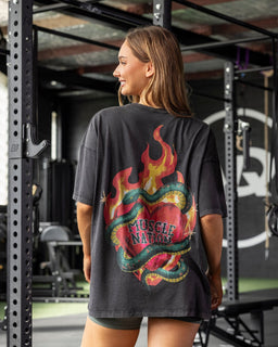 Hearts On Fire Oversized Tee Washed Black - Muscle Nation women's gym tee