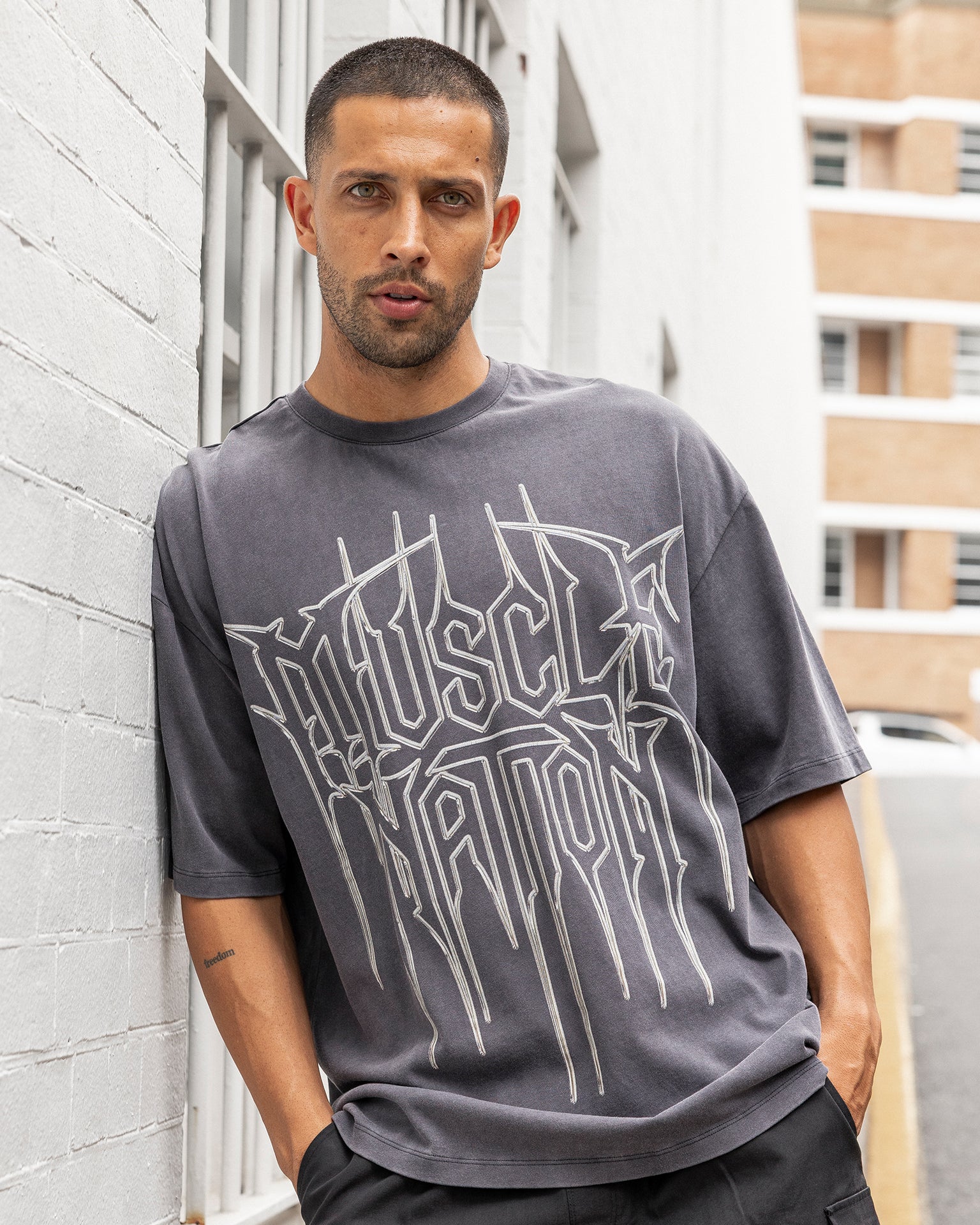 Metalcore Oversized Vintage Tee in Washed Dark Tornado - Muscle Nation men's gym tee