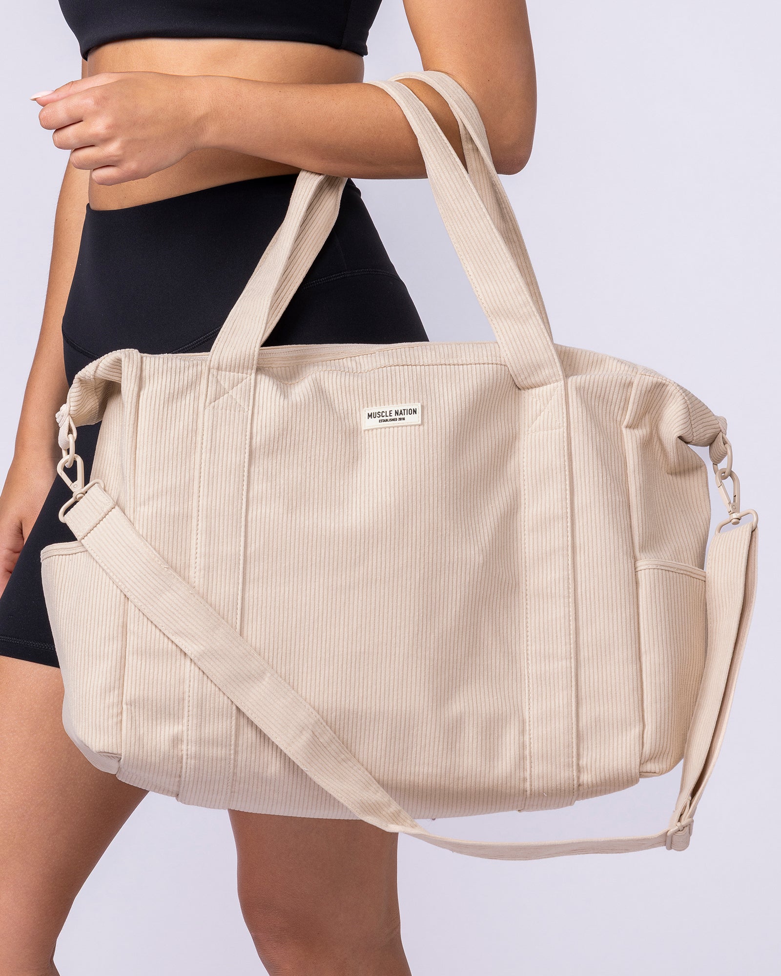 Muscle Nation Corduroy Tote Bag - Soft Beige-Accessories-ACC1125222SBEI-MNAPPRL47989-1-Muscle Nation
