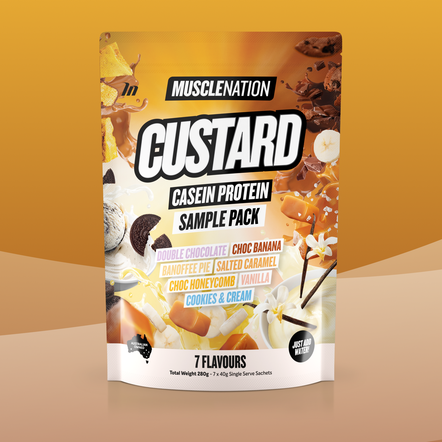CUSTARD Casein Protein - Sample Pack - 7 Flavours-Custard Casein Powder Sample-MNSUPPS0342-9359054001626-1-Muscle Nation