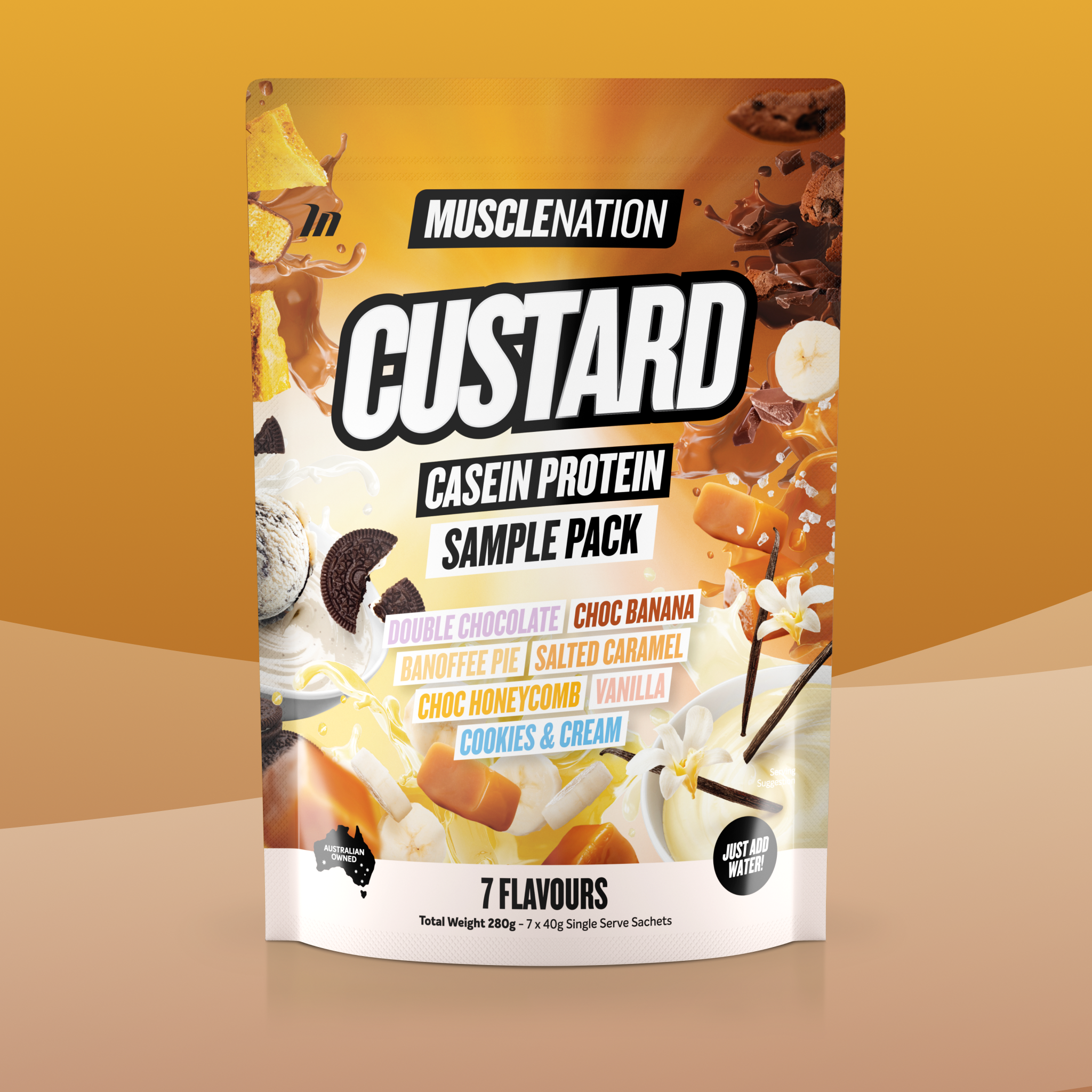 CUSTARD Casein Protein - Sample Pack - 7 Flavours-Custard Casein Powder-MNSUPPS0342-9359054001626-1-Muscle Nation
