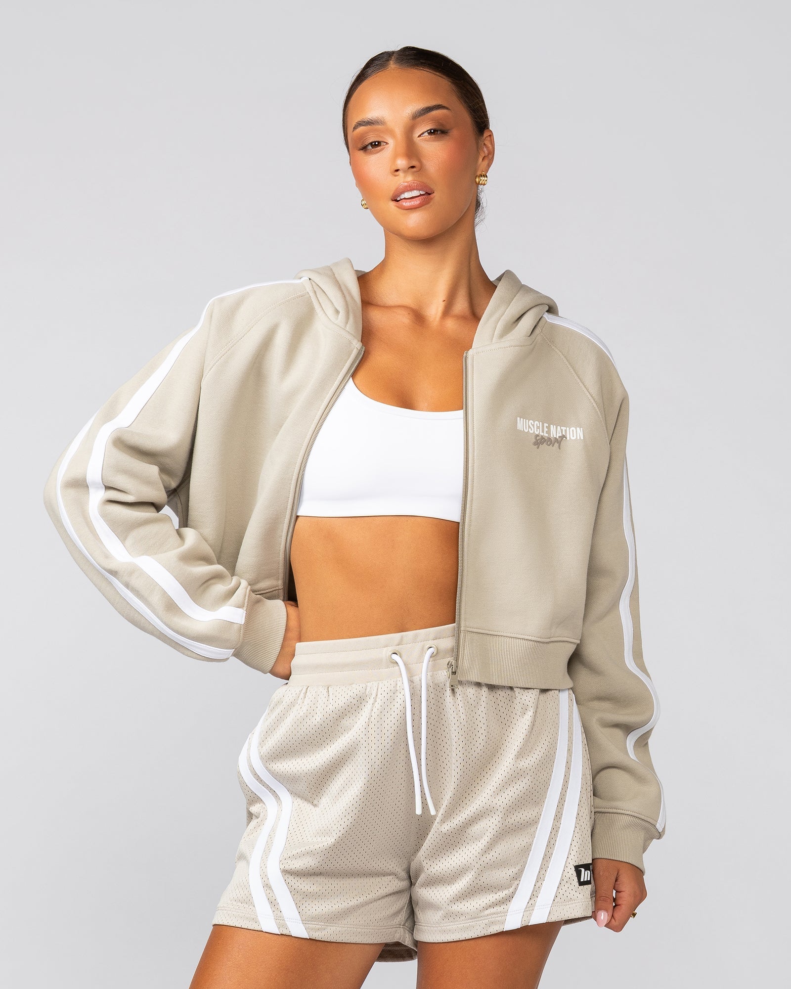Recoup Cropped Zip Up Hoodie Stone - Muscle Nation women's hoodie