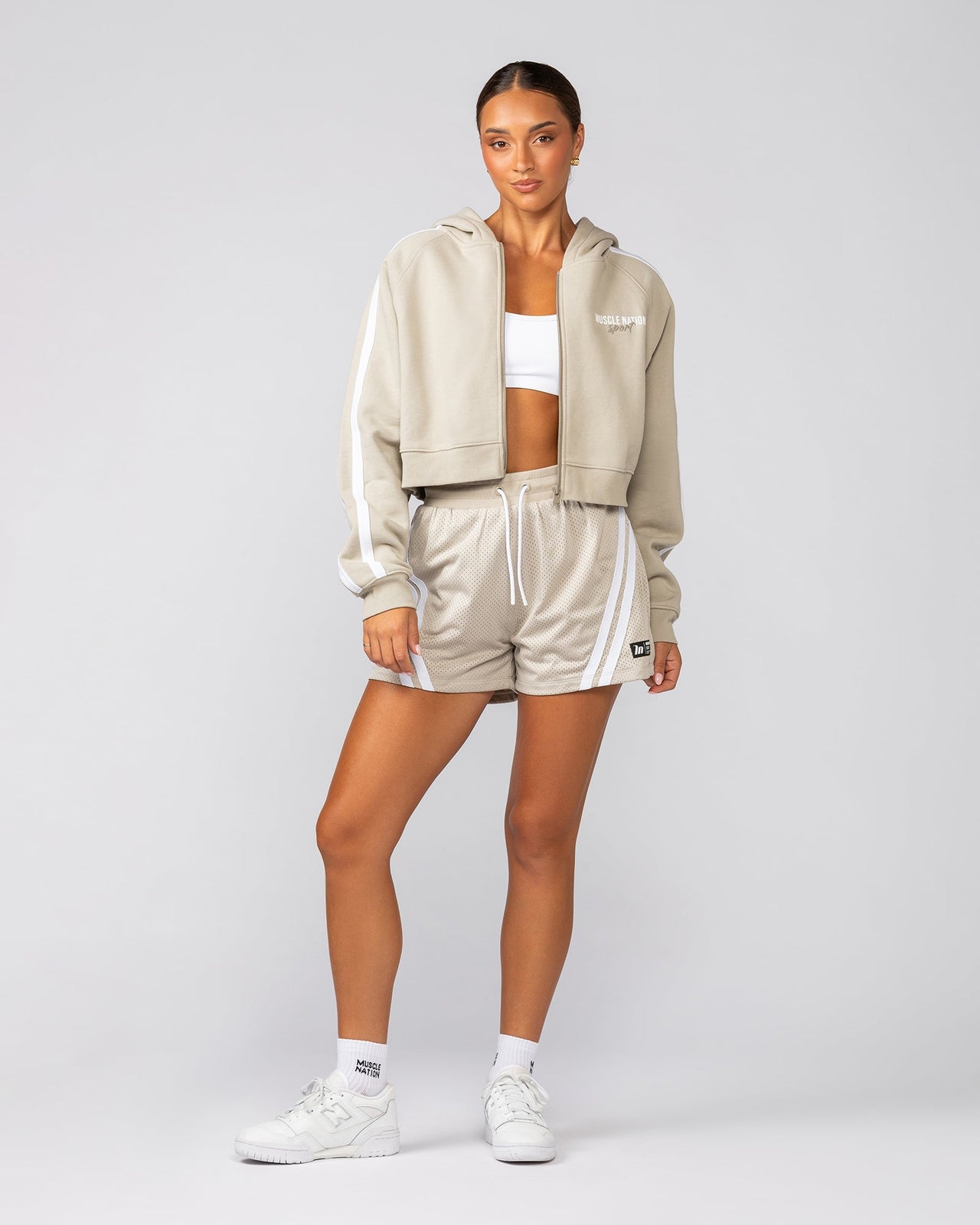 Recoup Cropped Zip Up Hoodie Stone - Muscle Nation women's hoodie, view 6